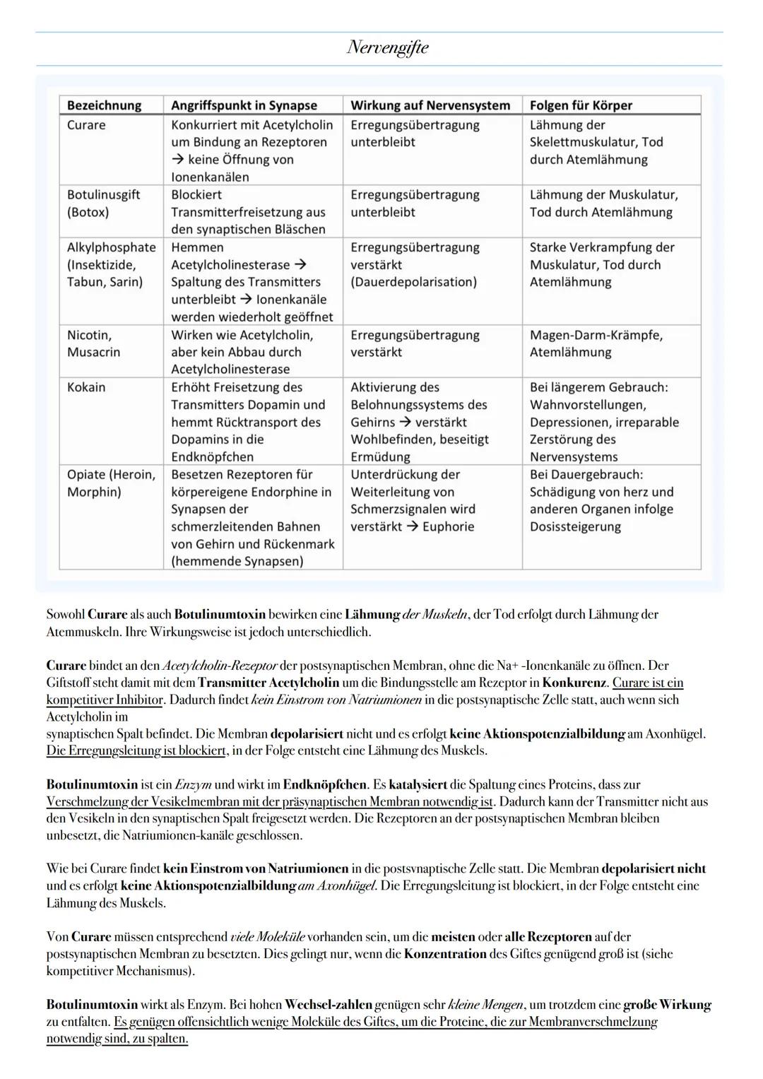 Bezeichnung
Curare
Botulinusgift
(Botox)
Alkylphosphate
(Insektizide,
Tabun, Sarin)
Nicotin,
Musacrin
Kokain
Opiate (Heroin,
Morphin)
Angrif