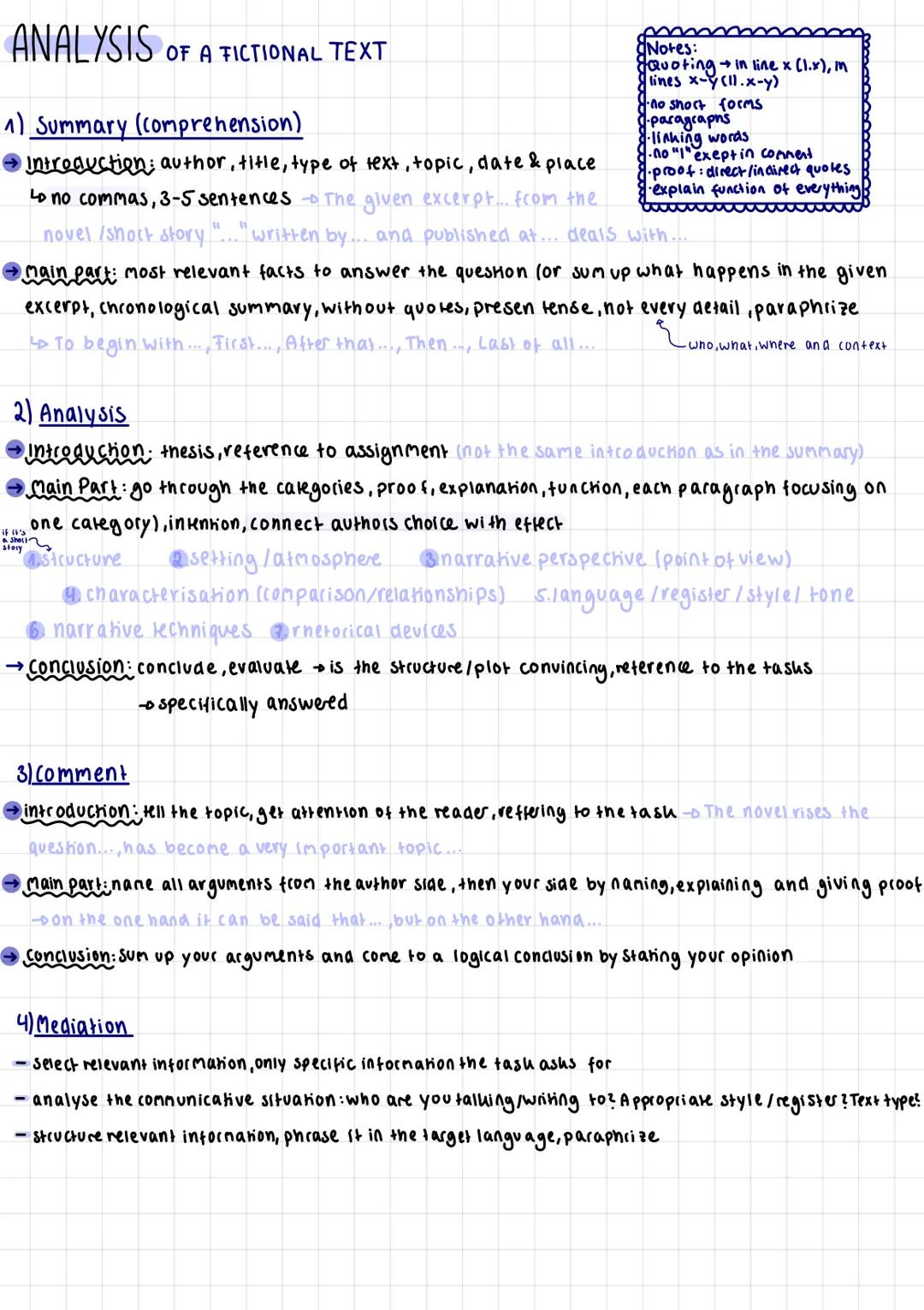 # ANALYSIS OF A FICTIONAL TEXT
1) Summary (comprehension)
Notes:
JQuoting in line x (1.x), m
lines x-y (11.x-y)
no short forms
paragrapns