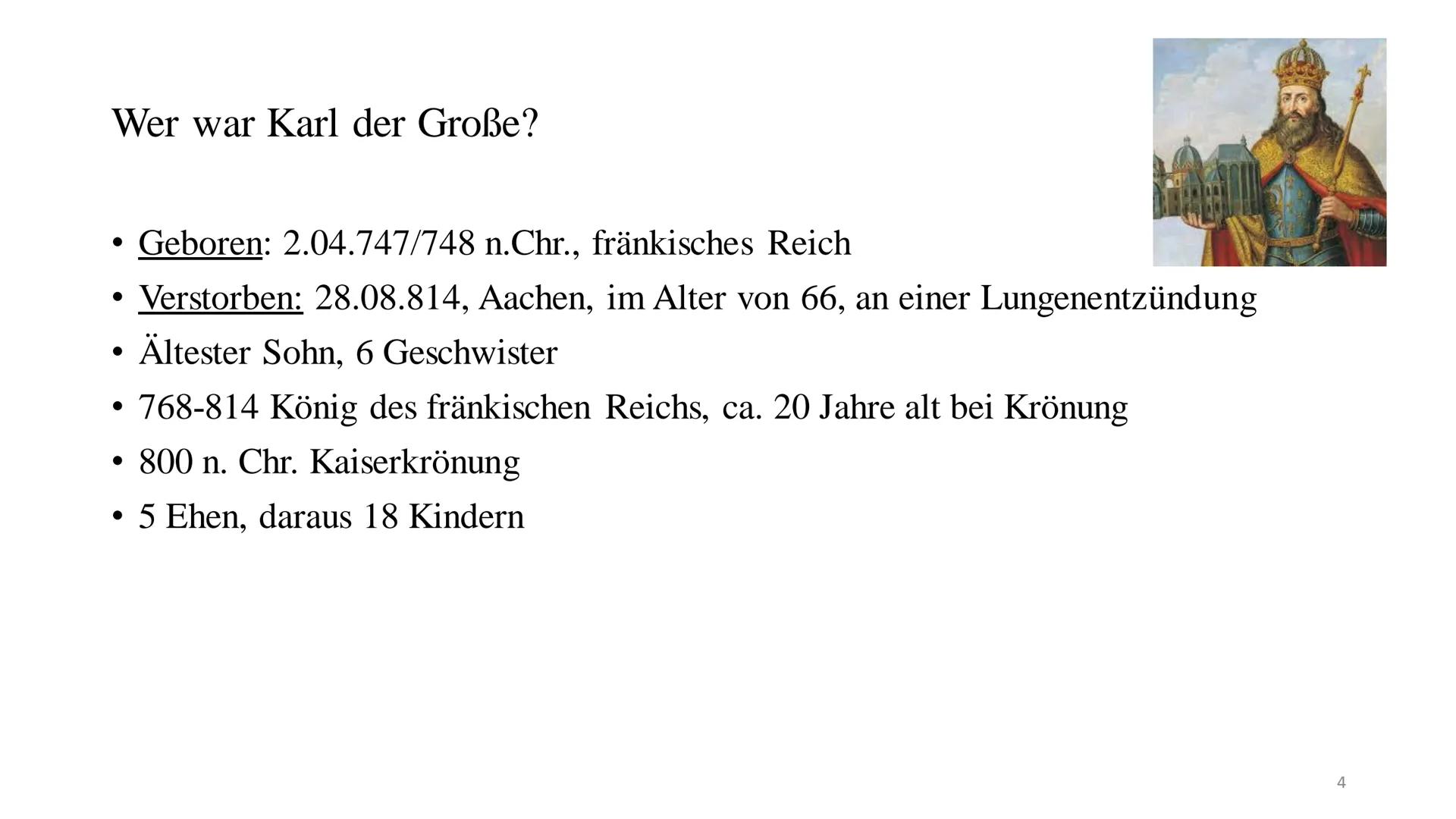 Karl der Große Inhaltsverzeichnis
Wer war Karl der Große ?
Kaiserkrönung
• Der Widukind
Sachsenkriege
Zeitstrahl
Quiz
Quellen
●
● Warum hieß