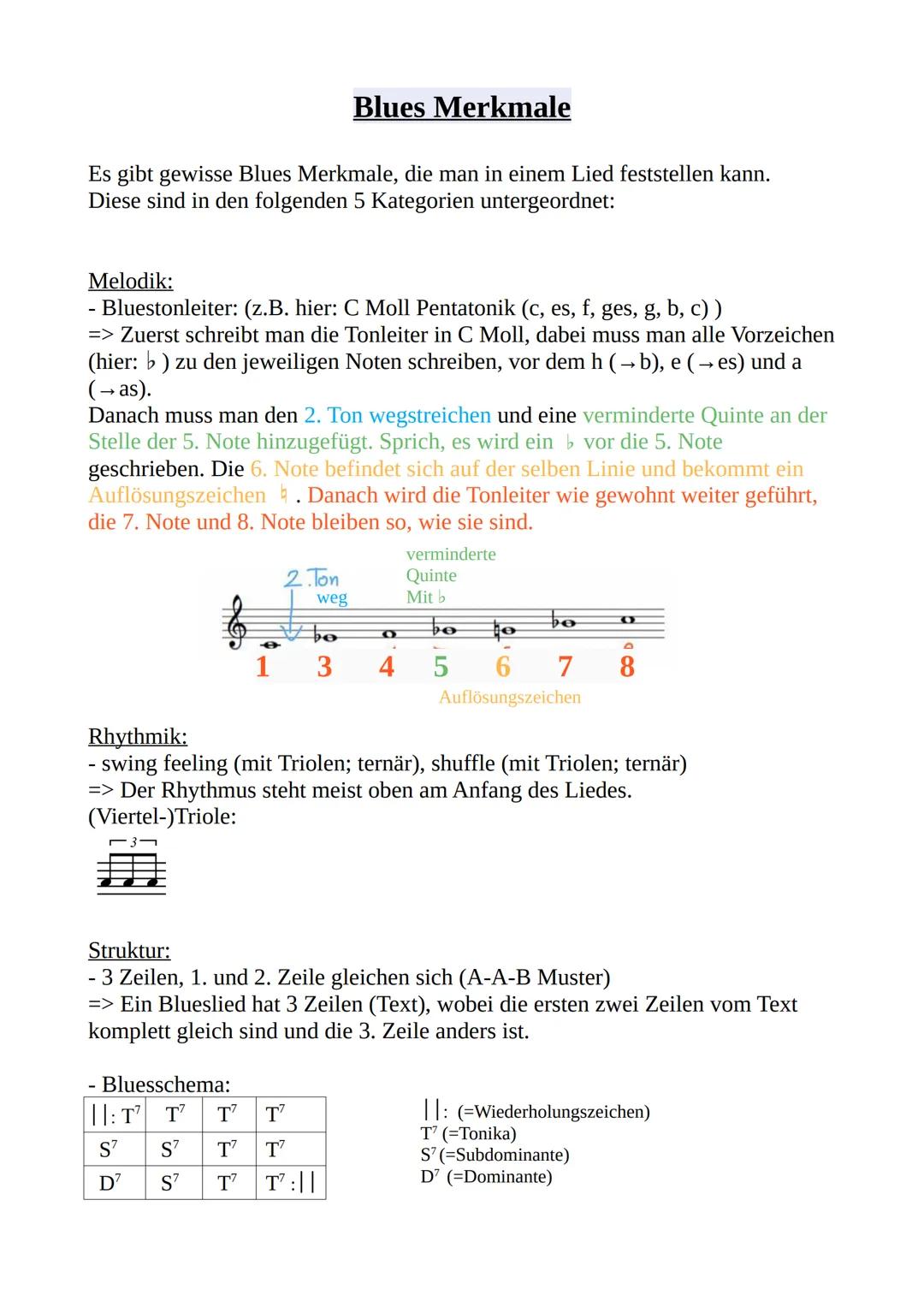 Es gibt gewisse Blues Merkmale, die man in einem Lied feststellen kann.
Diese sind in den folgenden 5 Kategorien untergeordnet:
Melodik:
Blu