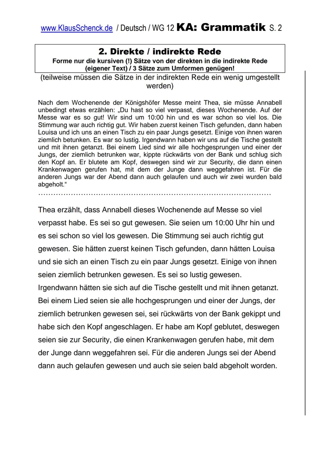 www.KlausSchenck.de / Deutsch / WG 12 KA: Grammatik S. 1
Fehlerzahl: ..........
NP: ...........
# 1. Wortarten
**Nummern stehen hinter d