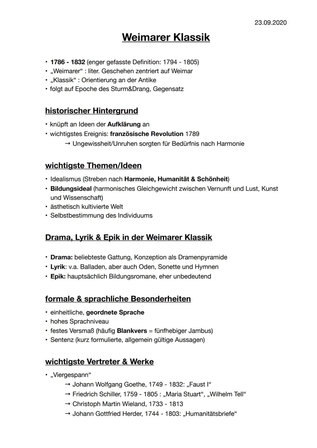 23.09.2020
# Weimarer Klassik
- 1786-1832 (enger gefasste Definition: 1794 - 1805)
- „Weimarer": liter. Geschehen zentriert auf Weimar
- „Kl