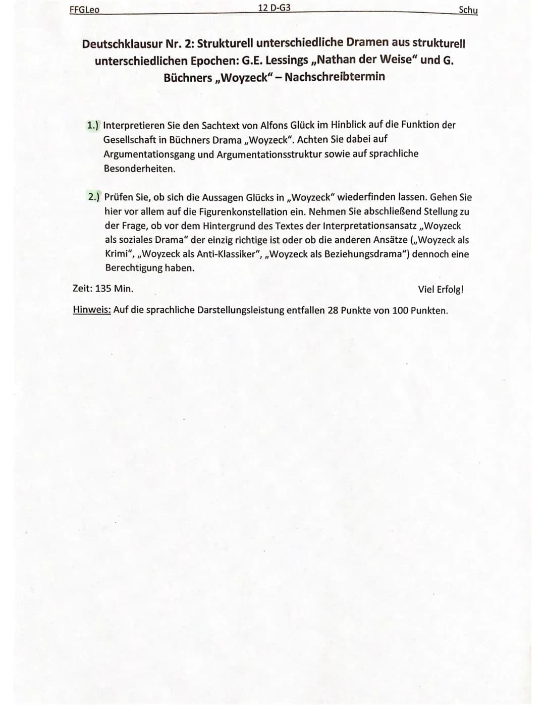 FFGLeo
12 D-G3
Schu
# Deutschklausur Nr. 2: Strukturell unterschiedliche Dramen aus strukturell unterschiedlichen Epochen: G.E. Lessings „N