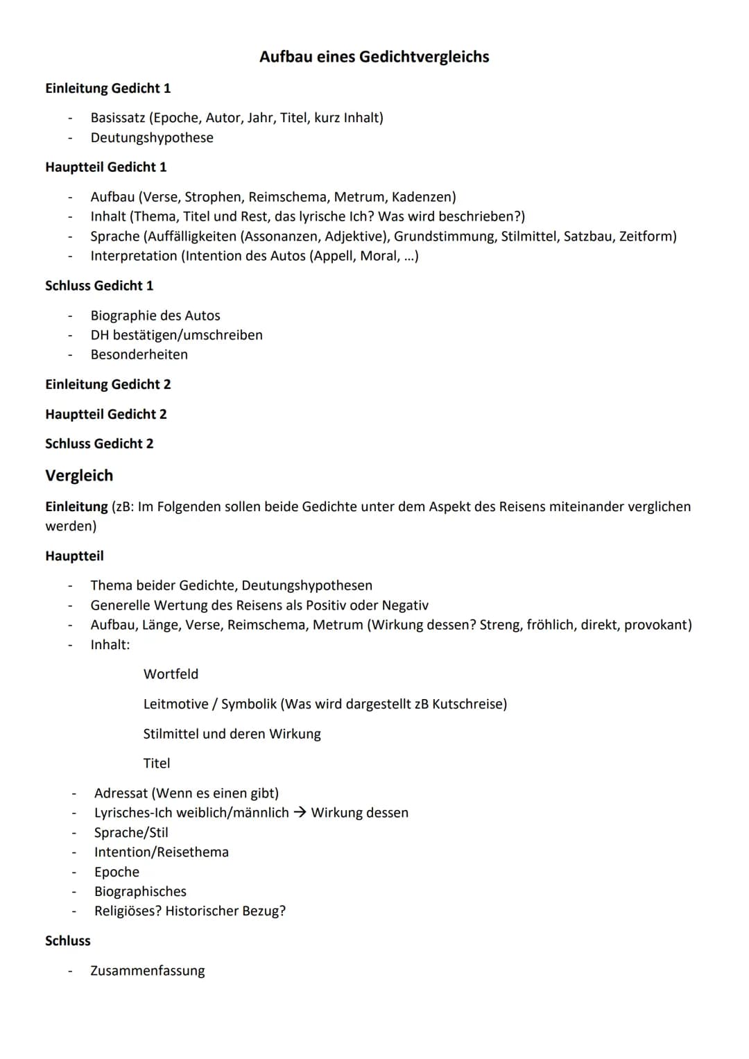 # Aufbau eines Gedichtvergleichs
## Einleitung Gedicht 1
- Basissatz (Epoche, Autor, Jahr, Titel, kurz Inhalt)
- Deutungshypothese
## Haup