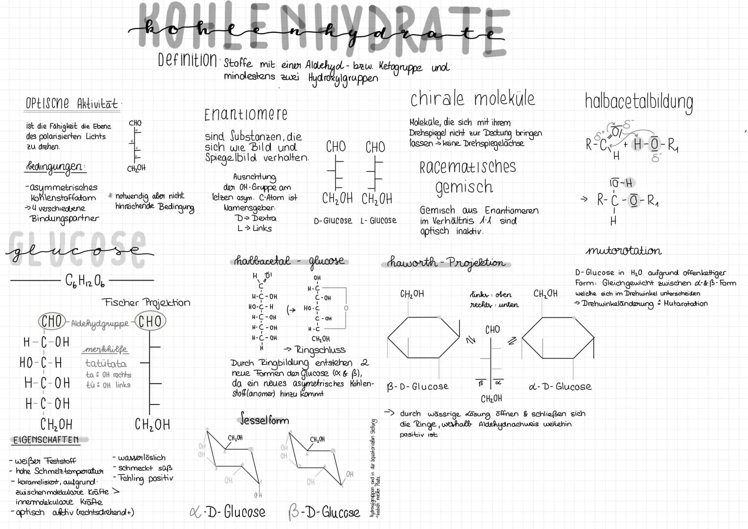 # KOHLENHYDRATE
Definition Stoffe mit einer Aldehyd- bzw. Ketogruppe und mindestens zwei Hydroxylgruppen
## Optische Aktivität
ist die Fä
