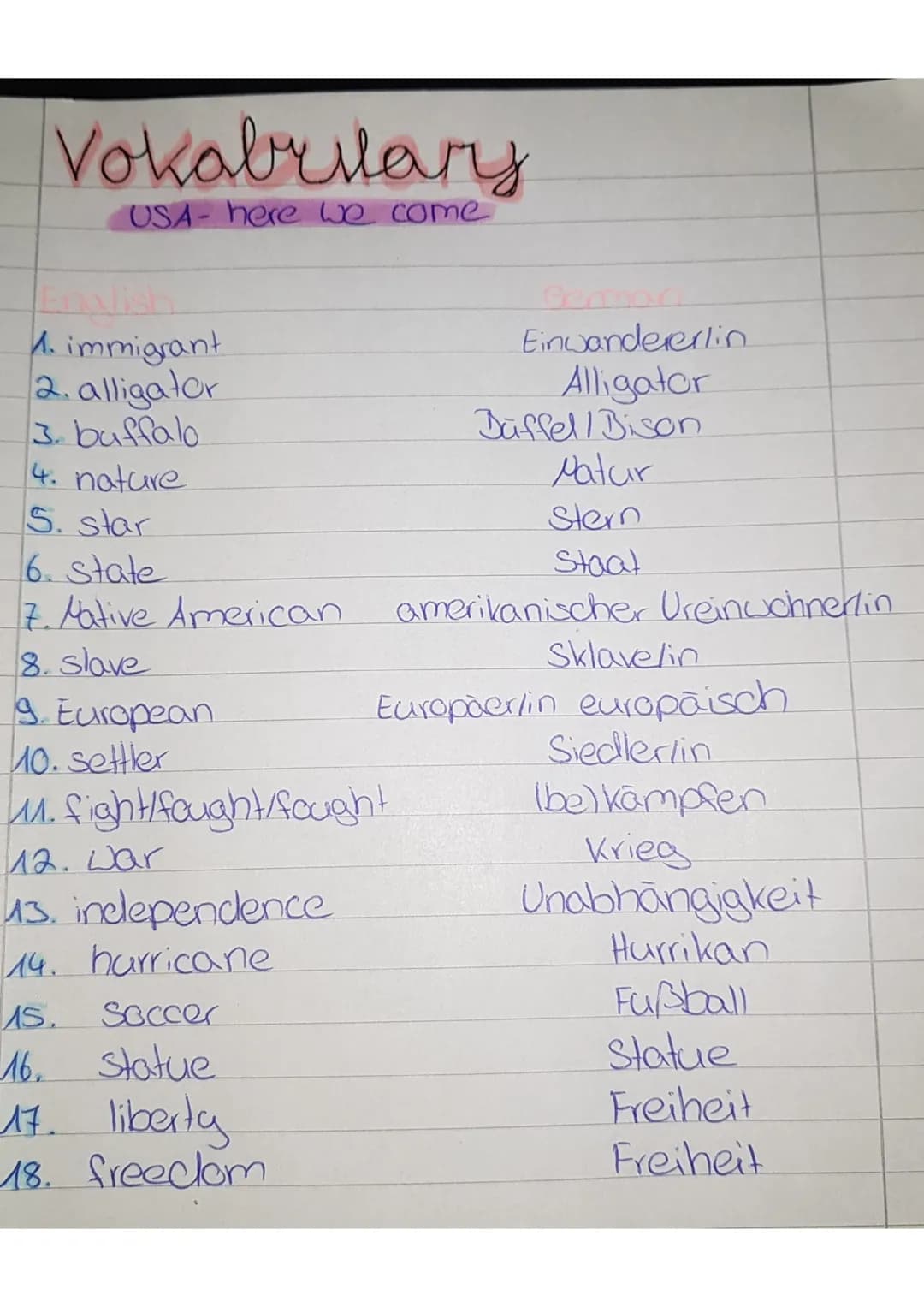 # Vokabelarry
## USA- here we come
| English | German |
|---|---|
| 1. immigrant | Einwandererlin |
| 2. alligator | Alligator |
| 3. buffa