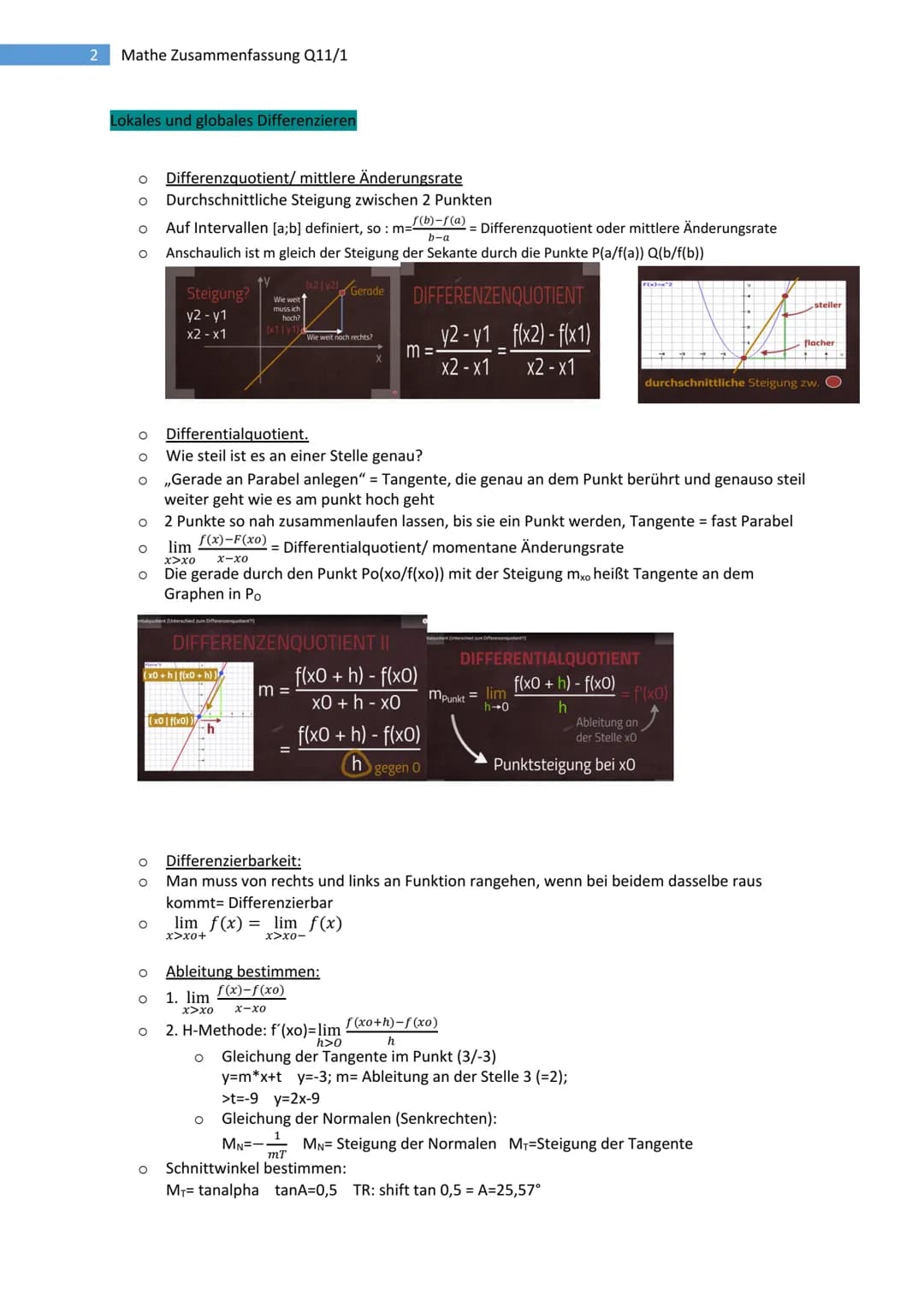 # 2 Mathe Zusammenfassung Q11/1
## Lokales und globales Differenzieren
* Differenzquotient/mittlere Änderungsrate
* Durchschnittliche Stei
