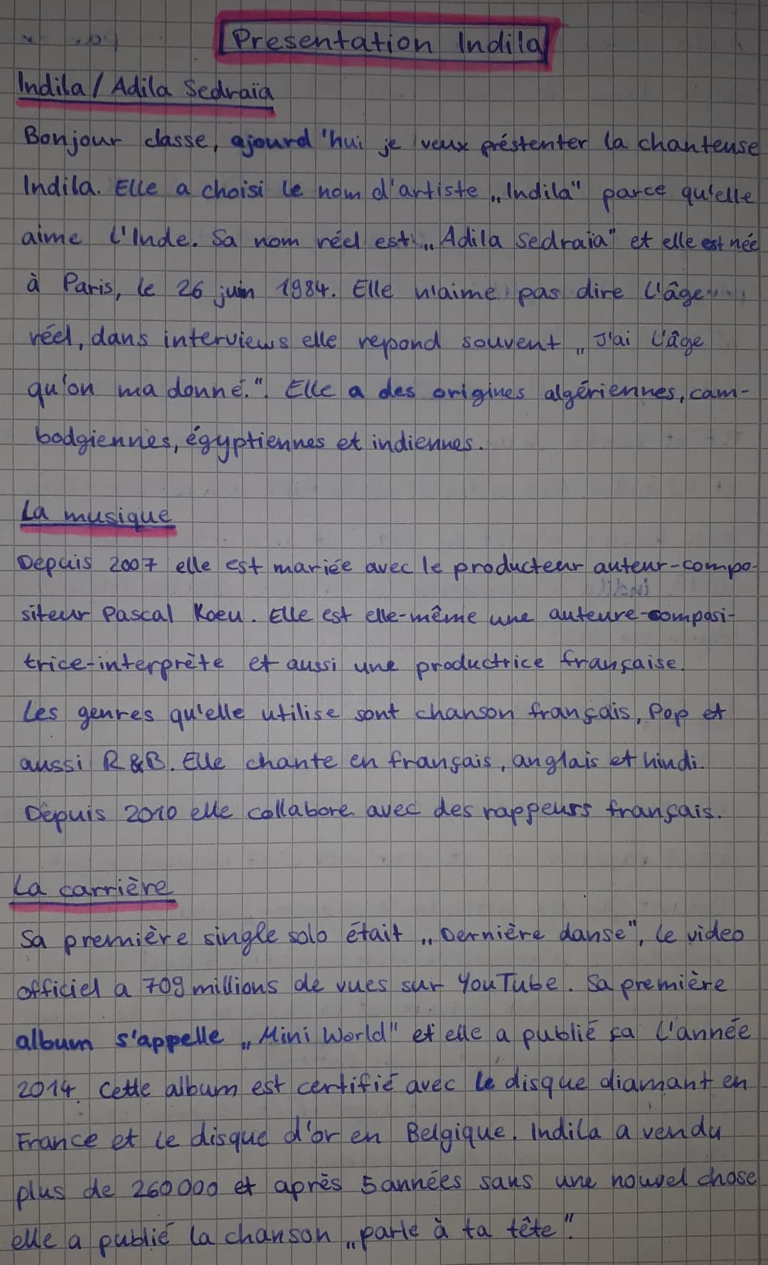 <h3>Indila - La Chanteuse</h3>
<p>Indila, également connue sous le nom d'artiste Adila Sedraïa, est une chanteuse française née à Paris le 2