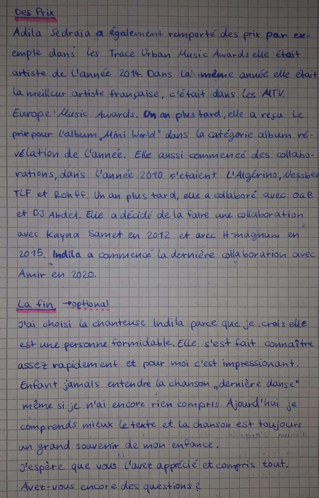 <h3>Indila - La Chanteuse</h3>
<p>Indila, également connue sous le nom d'artiste Adila Sedraïa, est une chanteuse française née à Paris le 2