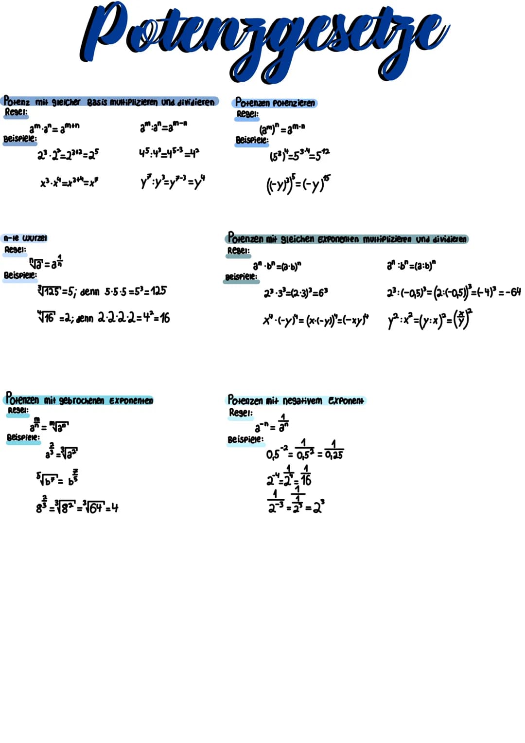 # Potenzgesetze
## Potenz mit gleicher Basis multiplizieren und dividieren
Regel:
$a^m \cdot a^n = a^{m+n}$
$a^m : a^n = a^{m-n}$
Beispiele