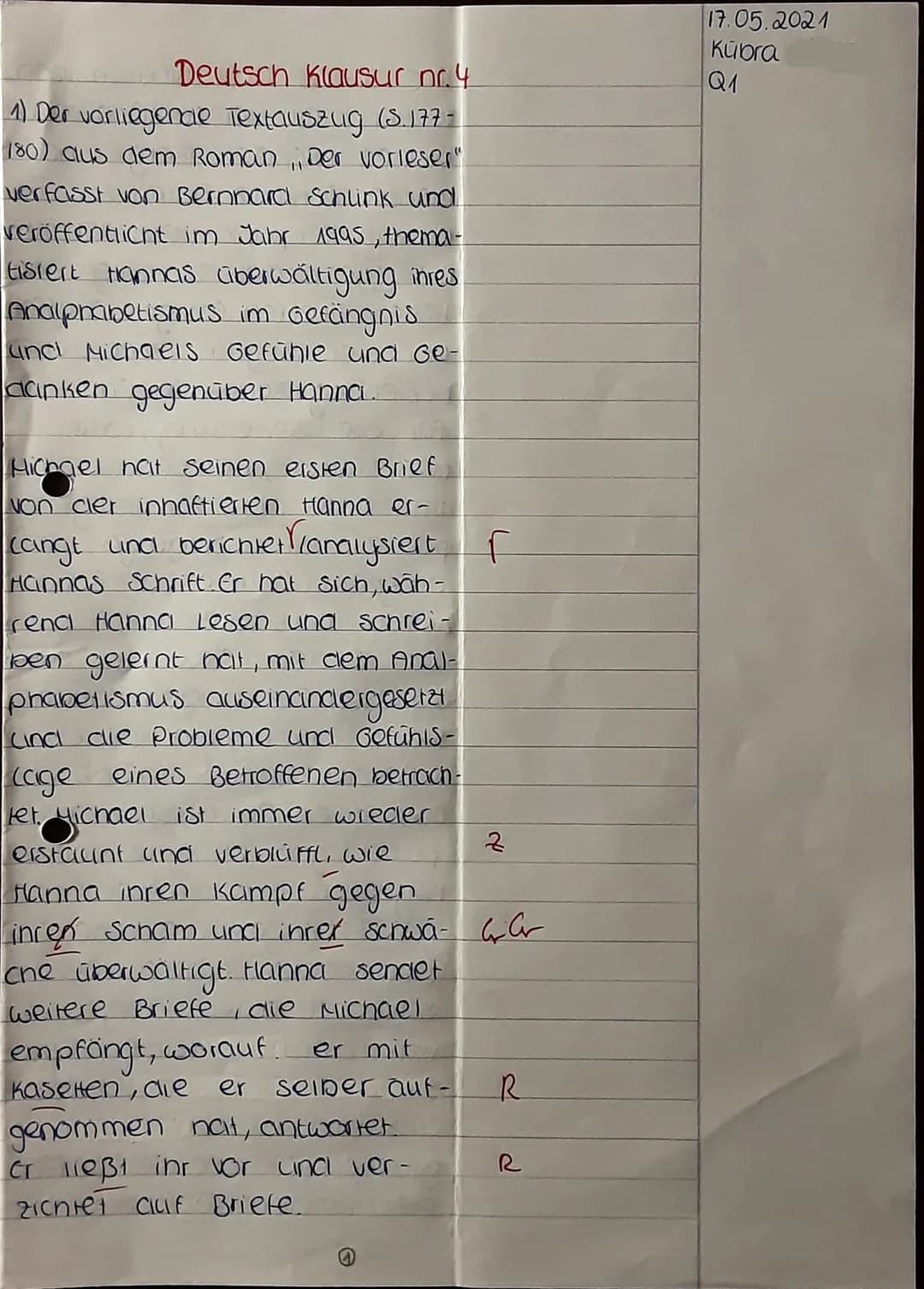 # Deutsch Klausur nr. 4
1) Der vorliegenae Textauszug (5.177-
180) aus dem Roman „Der Vorleser"
verfasst von Bernnara schlink und
veröffentl