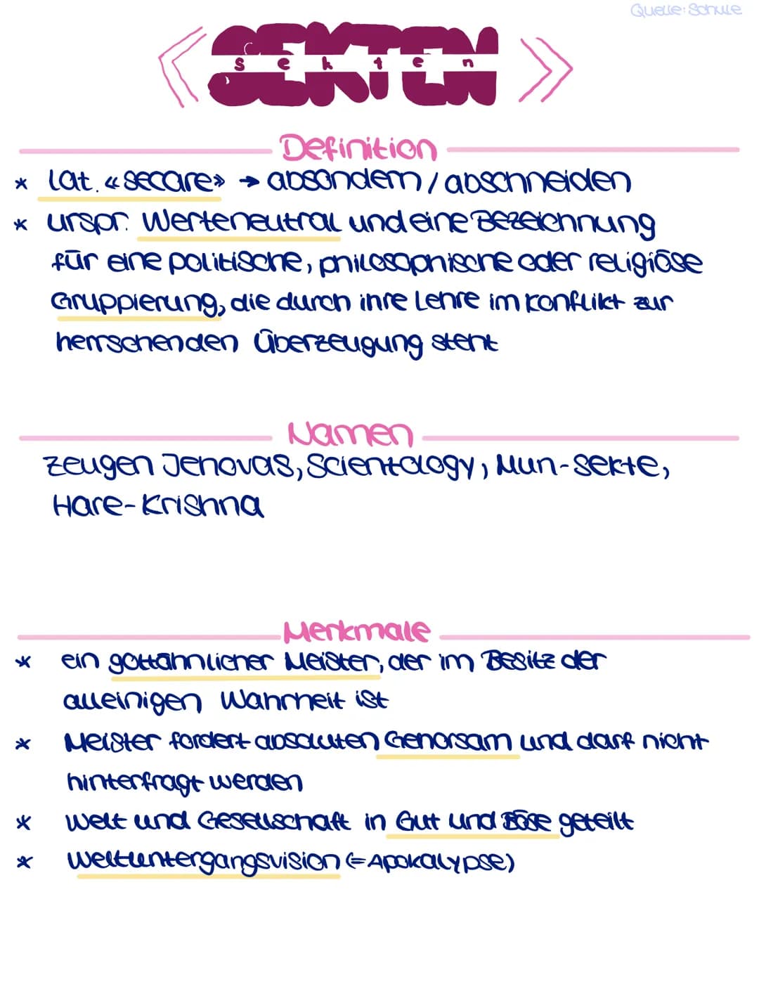 Quelle: Schule
# SEKTEN
## Definition
* Lat. «secare» -> absondern / abschneiden
* urspr. Werteneutral und eine Bezeichnung
für eine politi