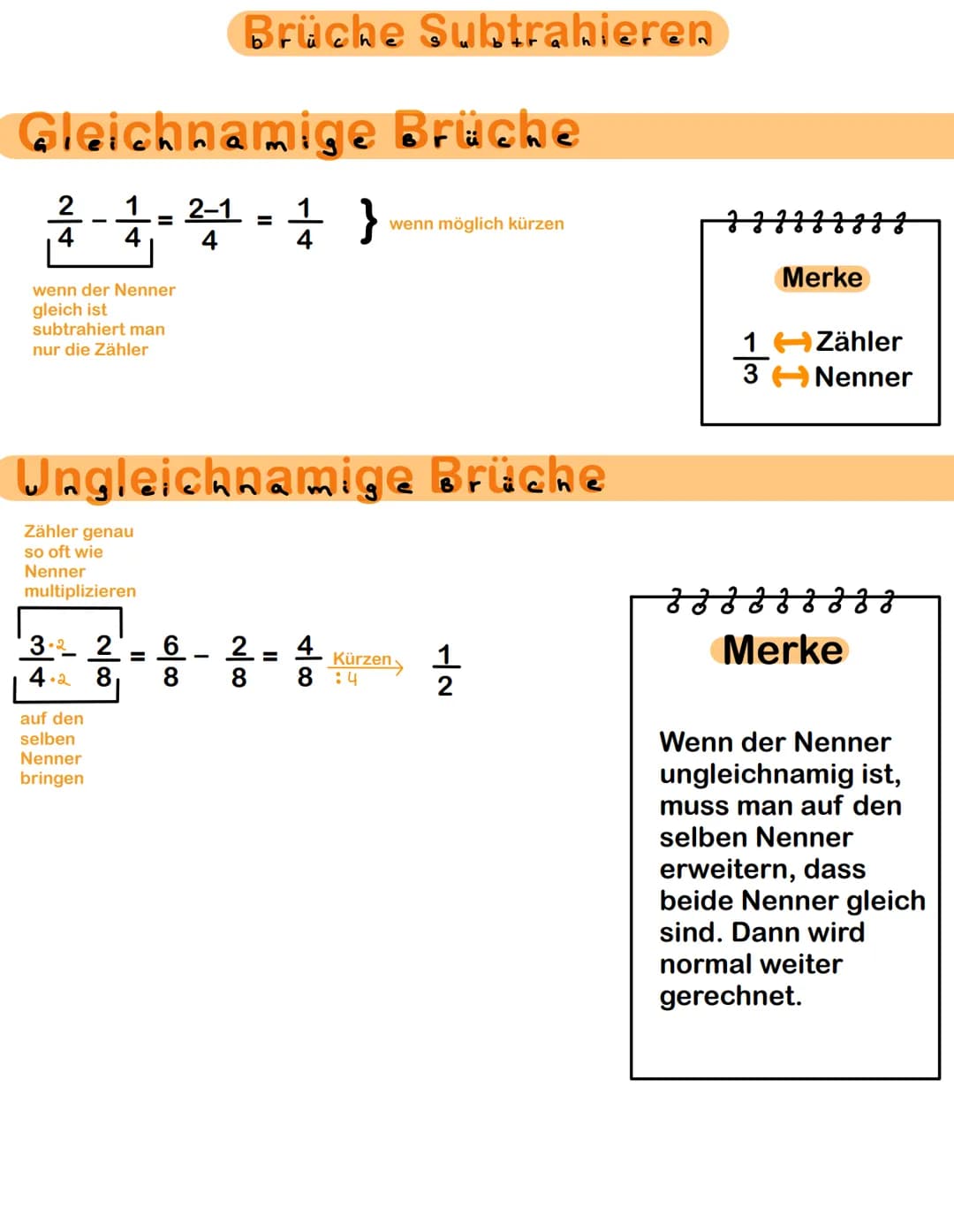 Was ist ein Bruch?
Zähler
$\frac{5}{10}$
Nenner # Brüche Subtrahieren
## Gleichnamige Brüche
$frac{2}{4} - frac{1}{4} = frac{2-1}{4} =
