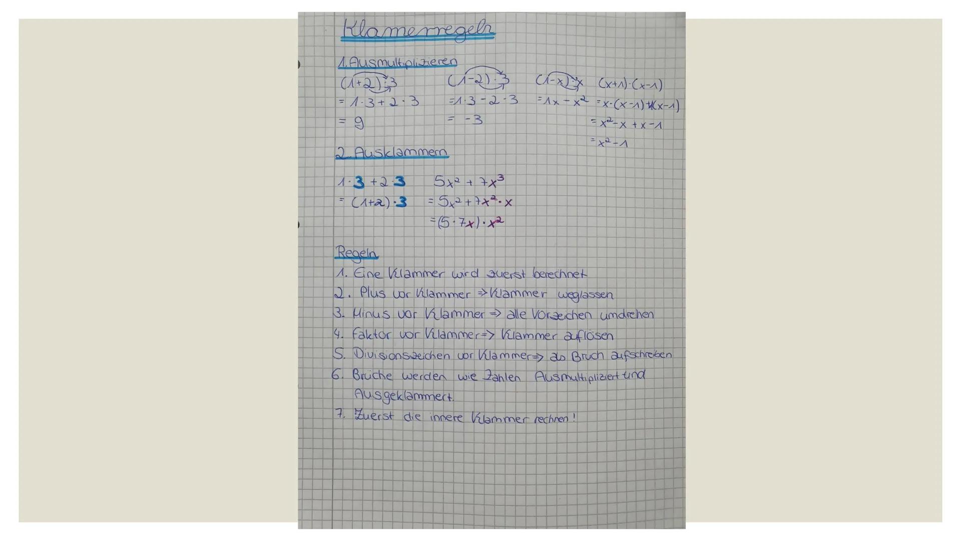 # KLAMMERREGELN
Im Fach Mathematik # Klamerregelr
1. Ausmultiplizieren
(1+2)3 (1-2)3 (1-x)x (x+1)(x-1)
= 1.3+2.3 =1.3-2.3 =1x-x2 =x-(x-1