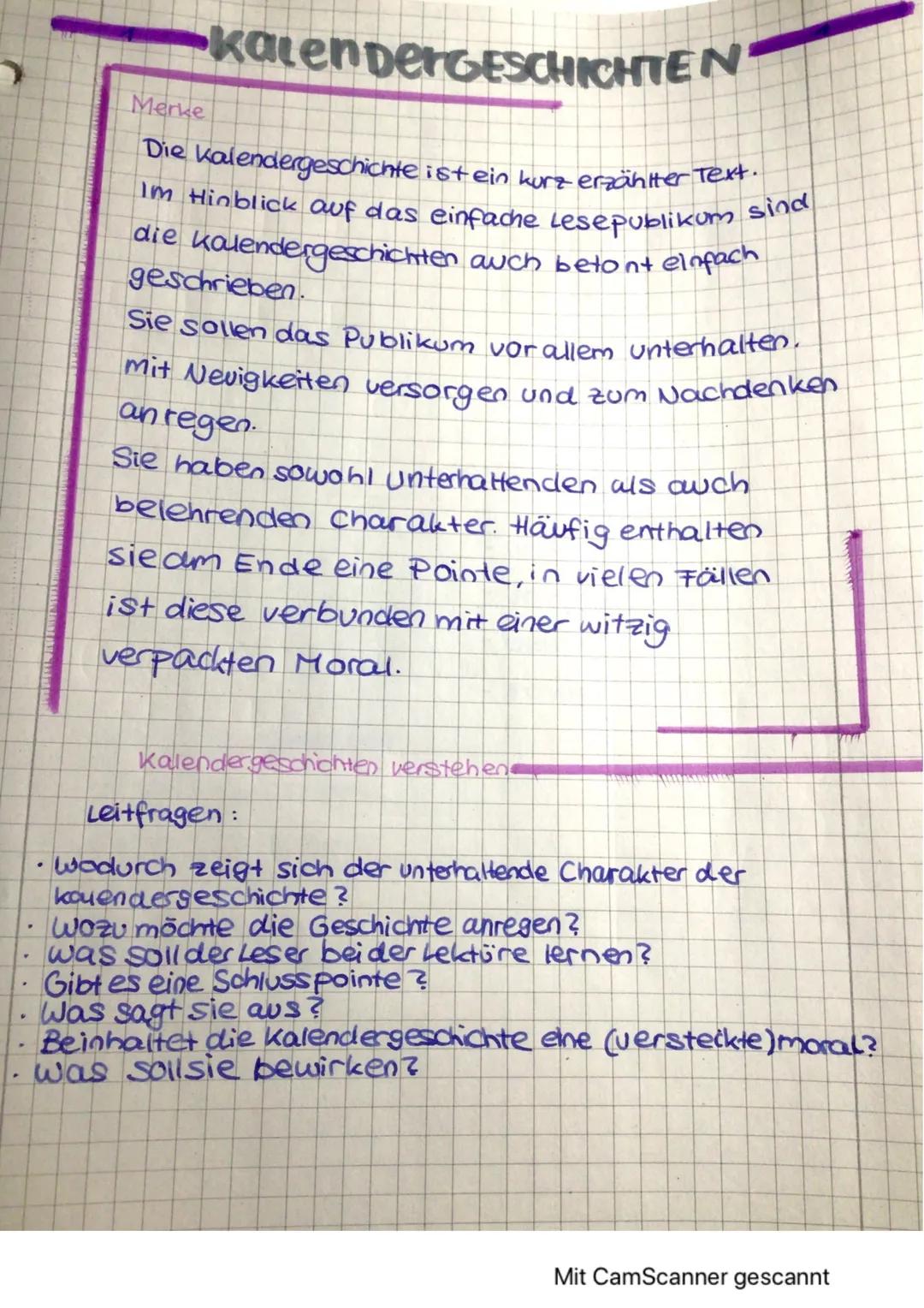 ## KalenderGESCHICHTΕΝ
Merke
Die Kalendergeschichte ist ein kurz erzählter Text.
Im Hinblick auf das einfache Lesepublikum sind
die kalend