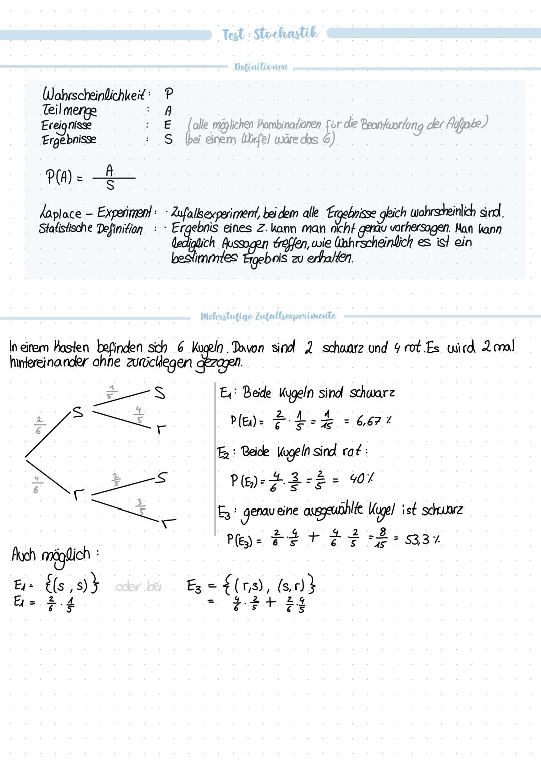# Test: Stochastik
Definitionen
Wahrscheinlichkeit: P
Teil menge : A
Ereignisse : E (alle möglichen Kombinationen für die Beantwortung der