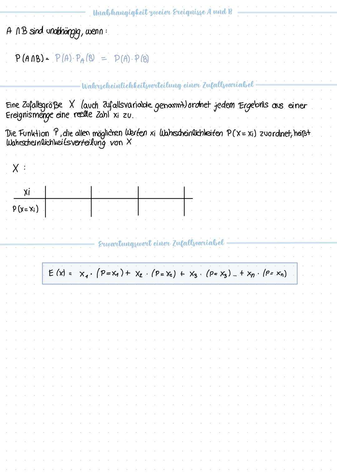 # Test: Stochastik
Definitionen
Wahrscheinlichkeit: P
Teil menge : A
Ereignisse : E (alle möglichen Kombinationen für die Beantwortung der