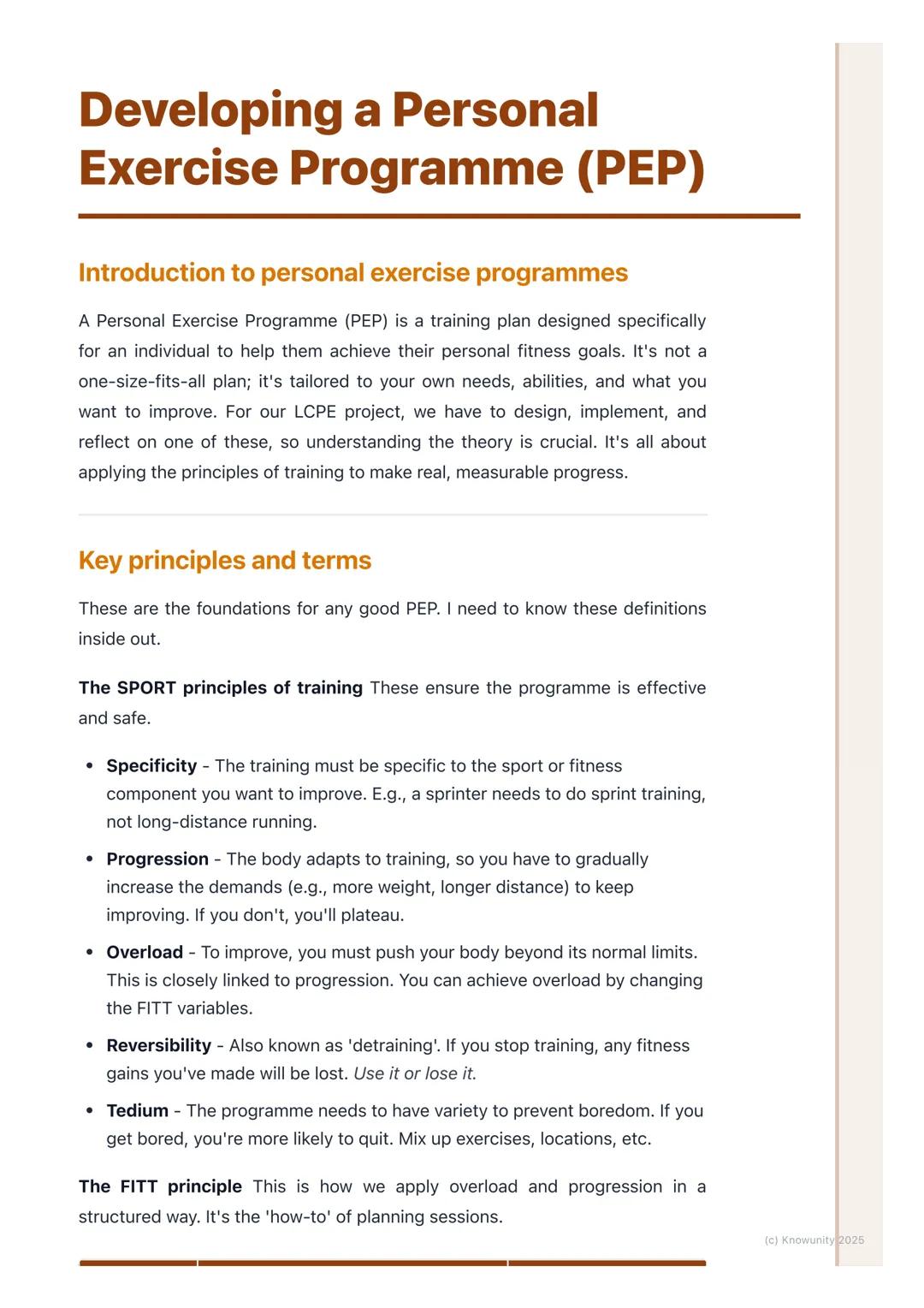 # Developing a Personal
Exercise Programme (PEP)
Introduction to personal exercise programmes
A Personal Exercise Programme (PEP) is a tra