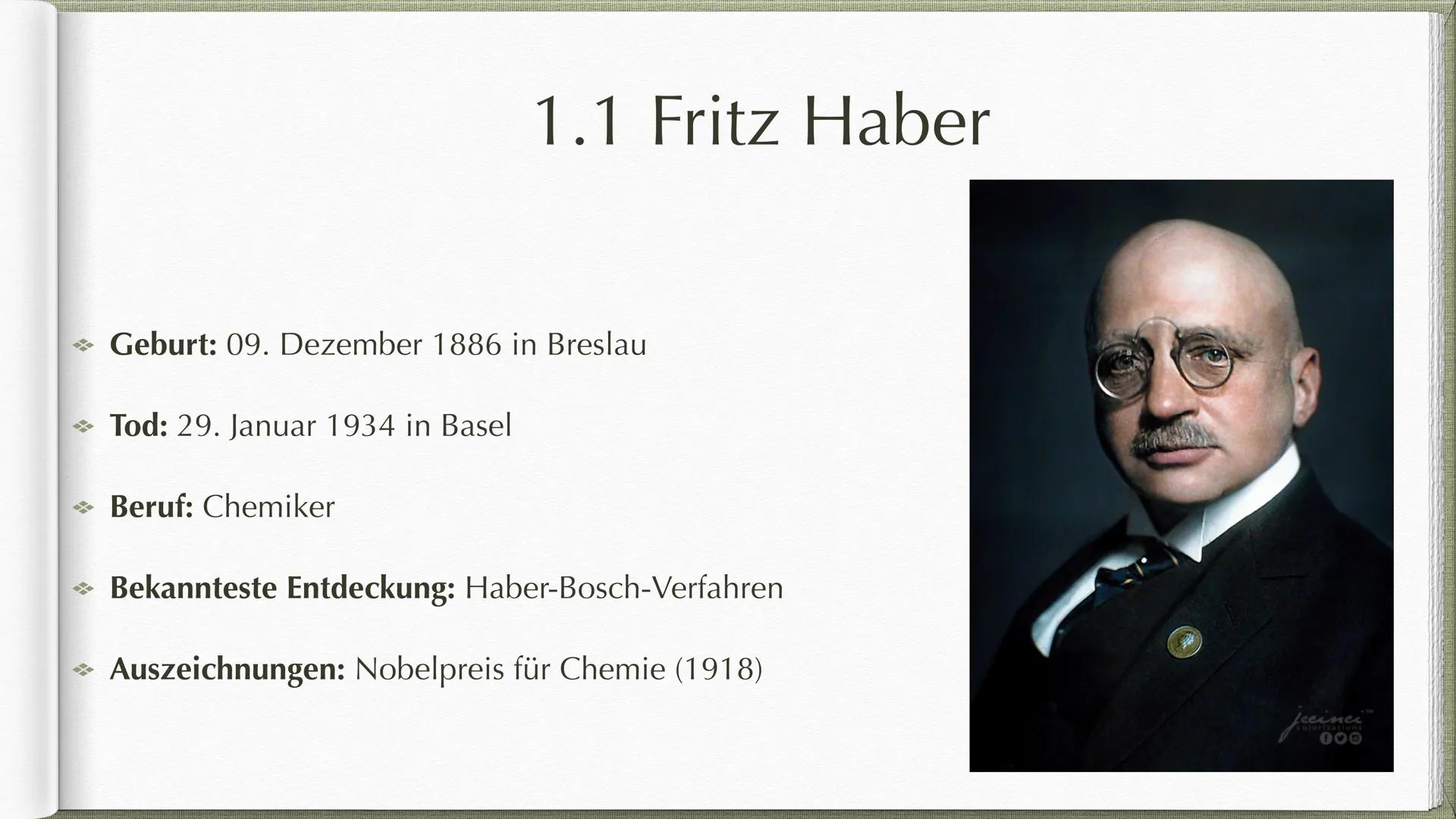 Das Haber-Bosch-
Verfahren
Brot aus Luft? Gliederung
1. Begründer Fritz Haber & Carl Bosch
1.1 Fritz Haber
1.2 Carl Bosch
2. Geschichtliches