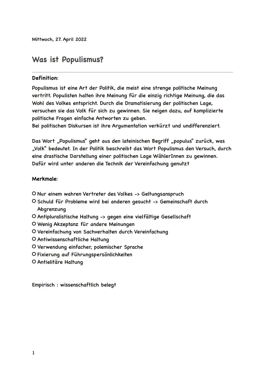 Mittwoch, 27. April 2022
Was ist Populismus?
Definition:
Populismus ist eine Art der Politik, die meist eine strenge politische Meinung
vert