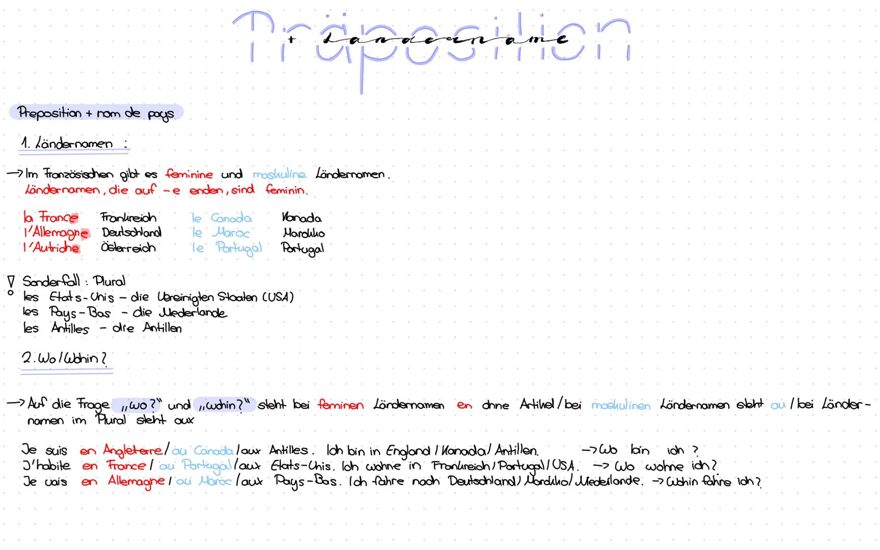 # Präposition
Preposition + nom de pays
1. Ländernamen :
→Im Französischen gibt es feminine und mashuline Ländernamen.
Ländernamen, die a
