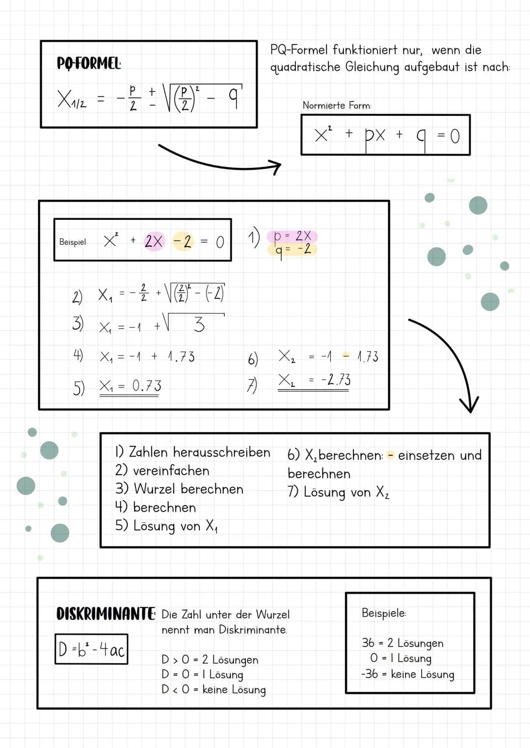 # PO-FORMEL
$X_{1/2} = -\frac{p}{2} \pm \sqrt{(\frac{p}{2})^2 - q}$
PQ-Formel funktioniert nur, wenn die quadratische Gleichung aufgebaut i