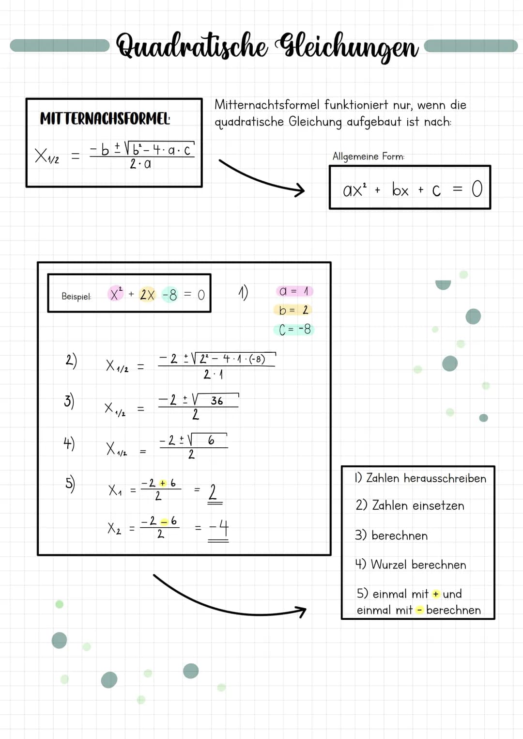 # PO-FORMEL
$X_{1/2} = -\frac{p}{2} \pm \sqrt{(\frac{p}{2})^2 - q}$
PQ-Formel funktioniert nur, wenn die quadratische Gleichung aufgebaut i