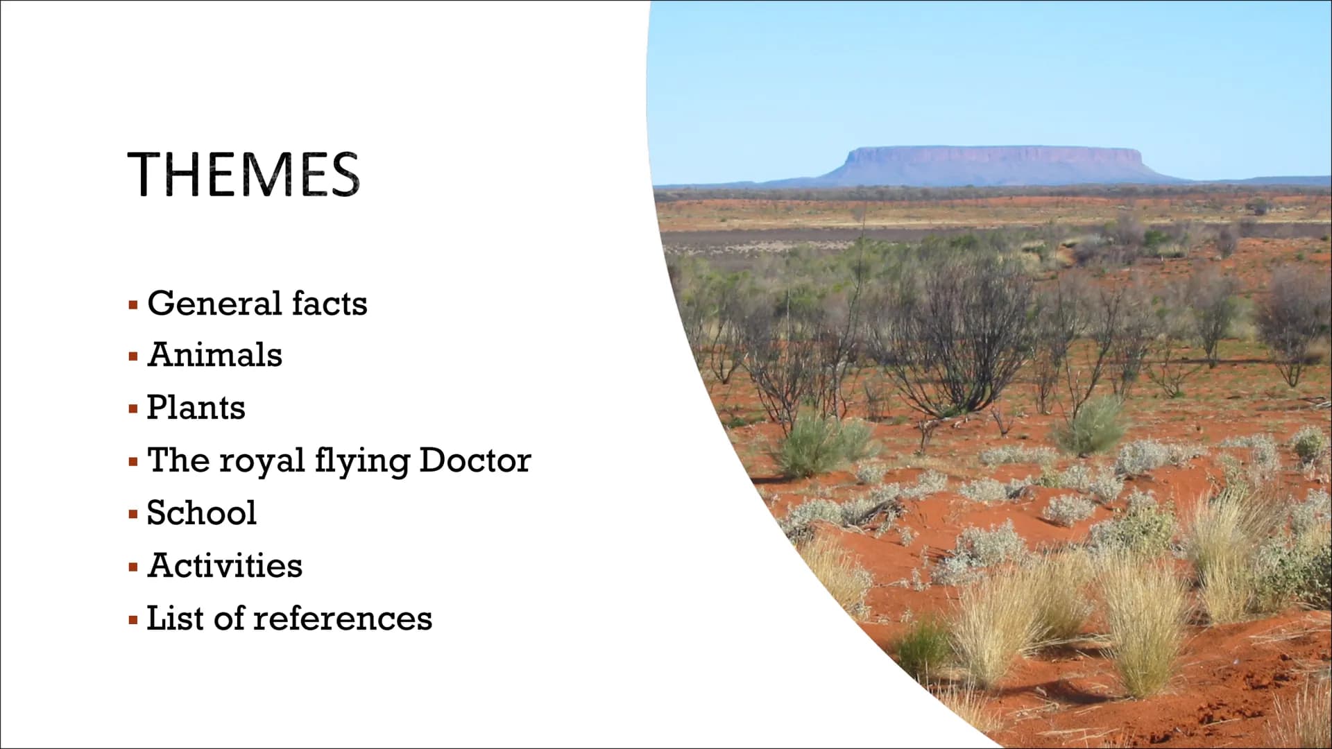# Text
Hello class ... and Mr/Mrs .... Today I present you something abouth the Outback.
I present you the thems General Facts, Animals, Pla