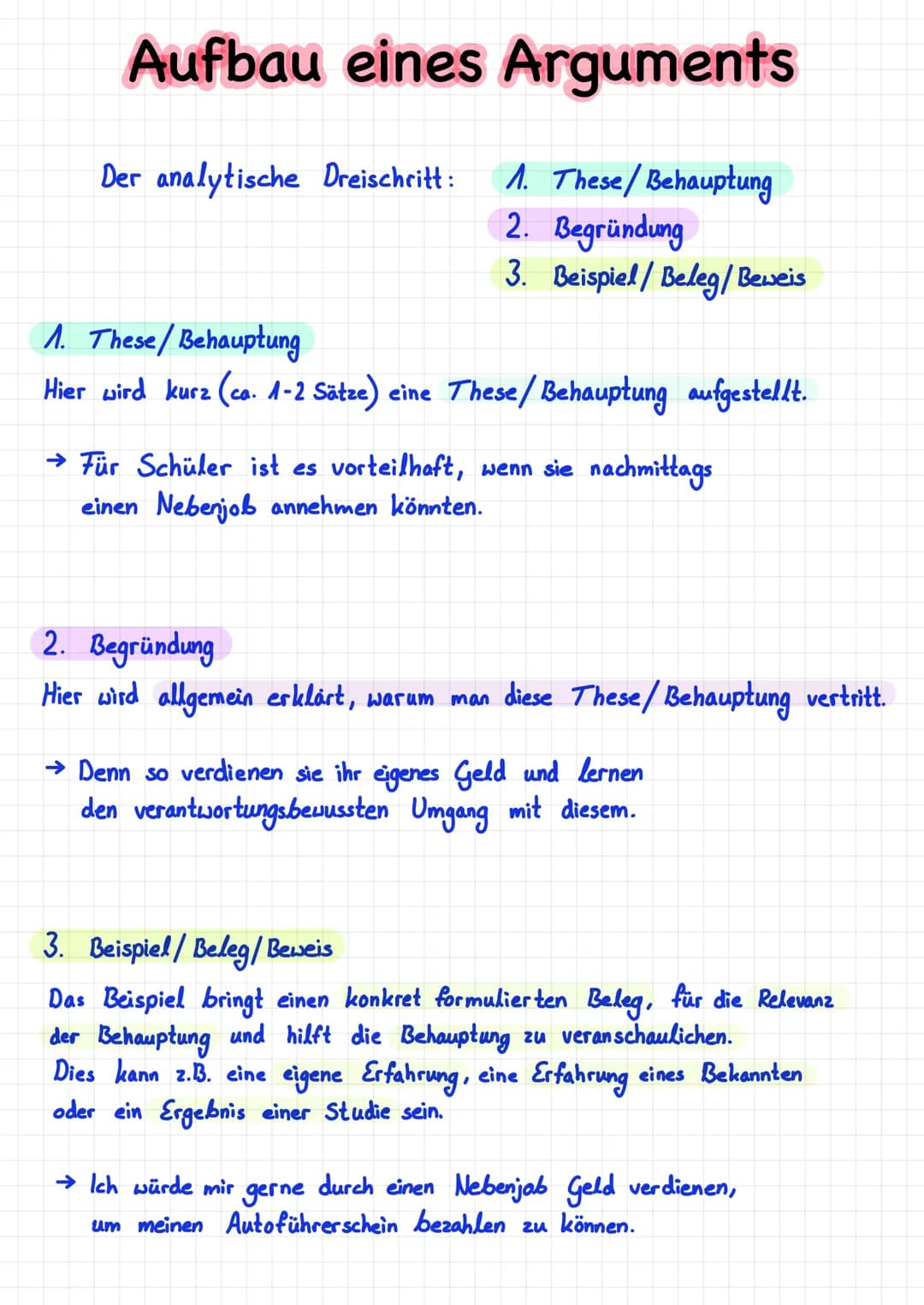 # Aufbau eines Arguments
Der analytische Dreischritt:
1. These/Behauptung
2. Begründung
3. Beispiel/Beleg/Beweis
## 1. These/Behauptung
Hie