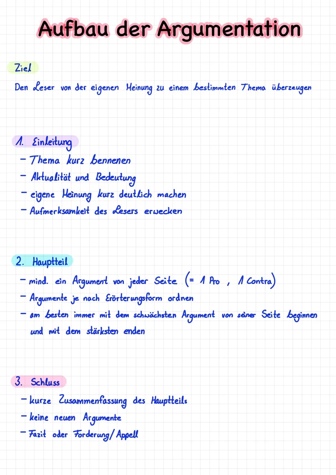 # Aufbau eines Arguments
Der analytische Dreischritt:
1. These/Behauptung
2. Begründung
3. Beispiel/Beleg/Beweis
## 1. These/Behauptung
Hie