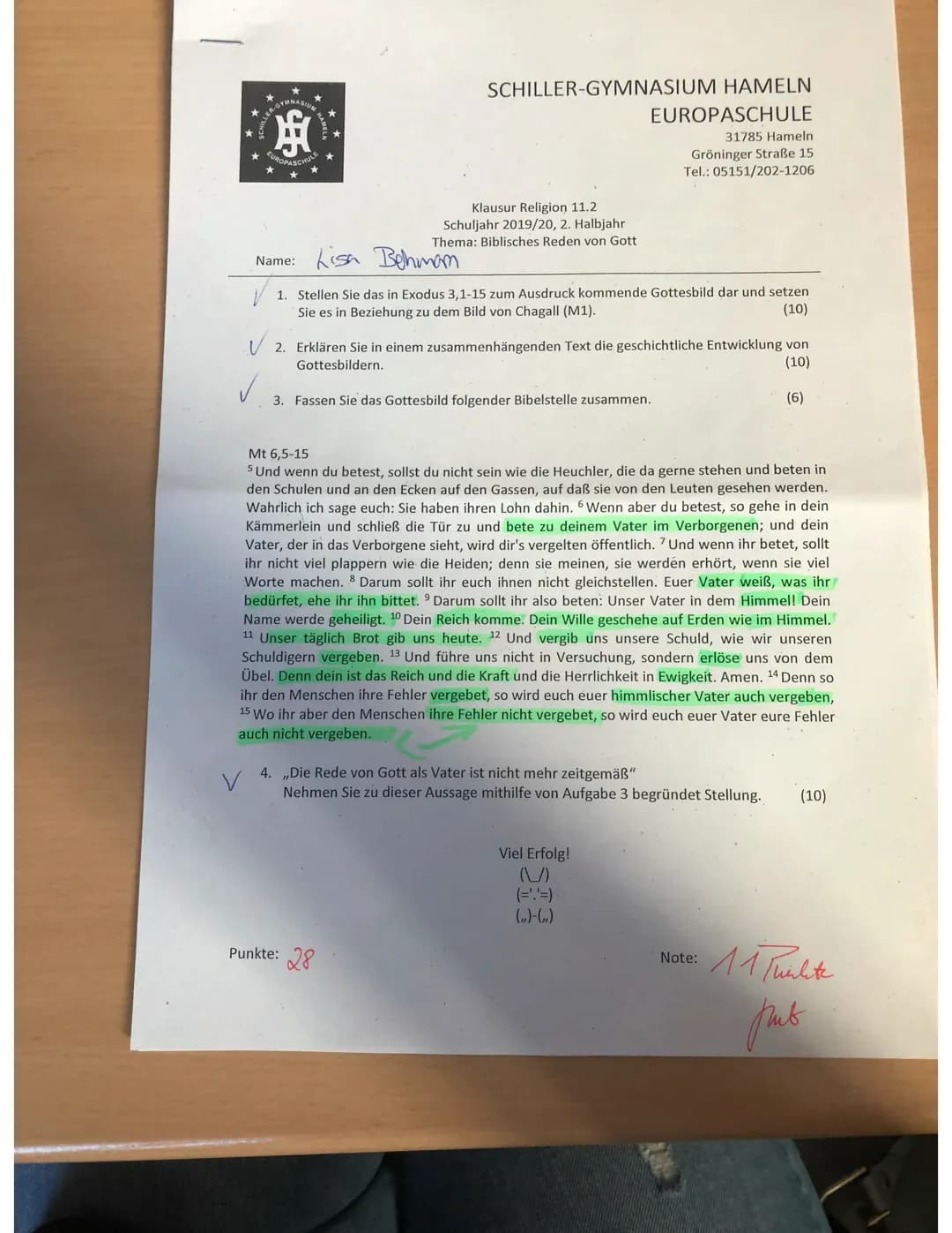# SCHILLER-GYMNASIUM HAMELN
## EUROPASCHULE
31785 Hameln.
Gröninger Straße 15
Tel.: 05151/202-1206
Klausur Religion 11.2
Schuljahr 2019/20,
