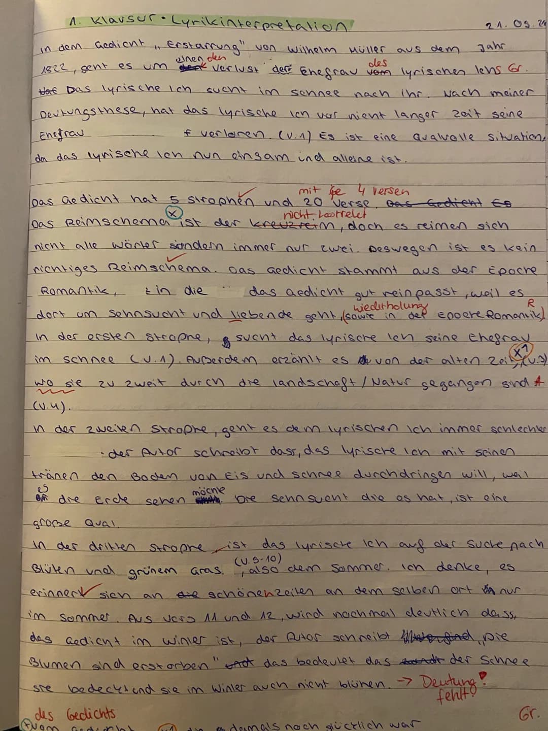 Deutsch 11
1. Klausur – Lyrikinterpretation
Aufgabenstellung:
Analysiert das Gedicht „Erstarrung“ von Wilhelm Müller sowohl inhaltlich als