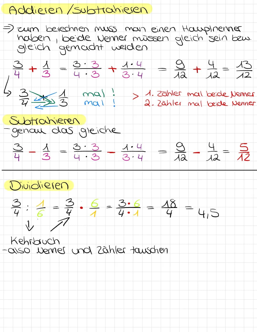 # Addieren/Subtrahieren
=> zum berechnen muss man einen Hauptnenner haben, beide Nenner müssen gleich sein bzw. gleich gemacht werden
$ \f