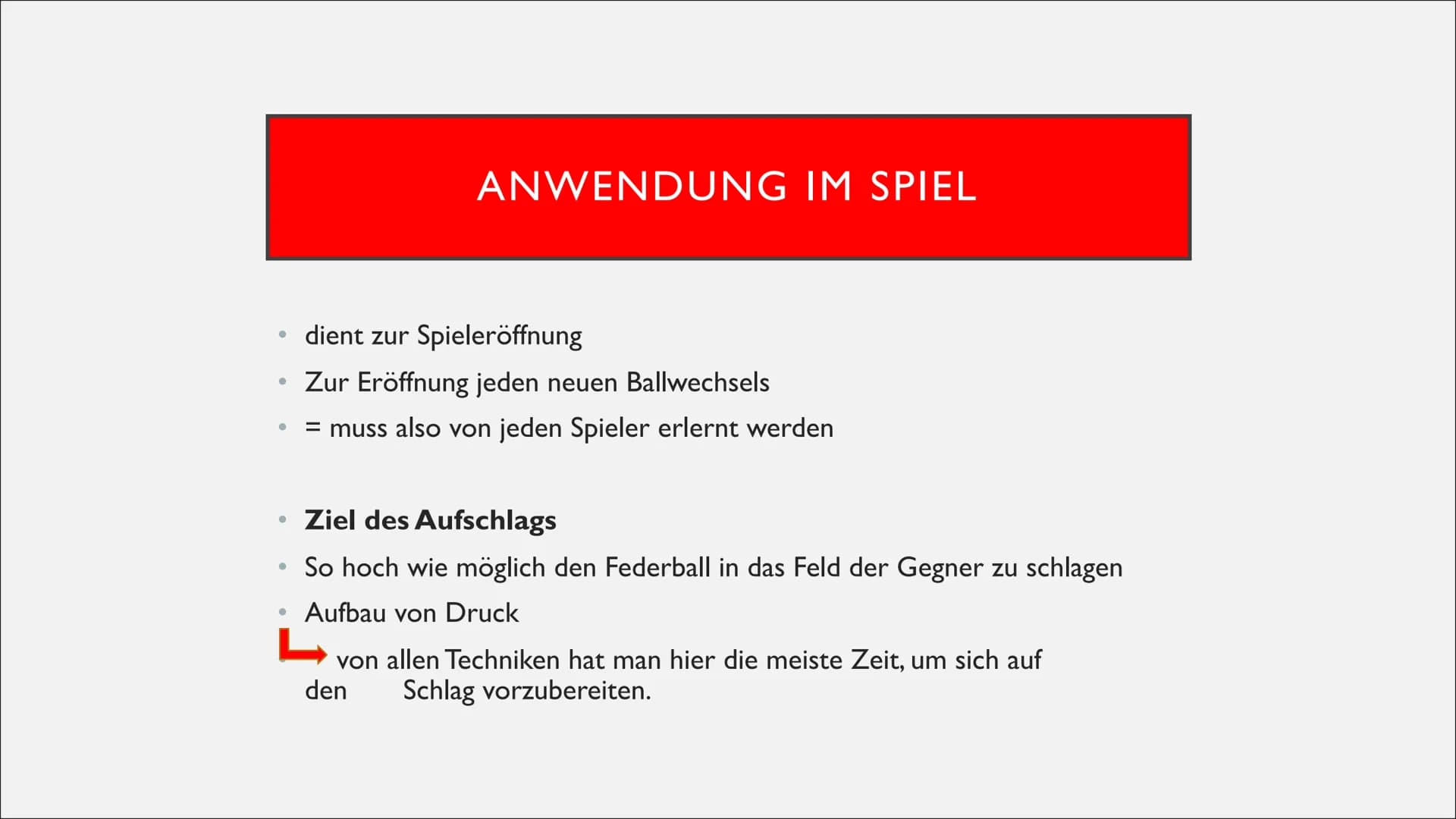 # Schlagtechnik – Aufschlag
## Inhaltübersicht
1. Vorstellung der Schlagtechnik
2. Anwendung im Spiel (Ziel der Schlagtechnik)
3. Aufschla