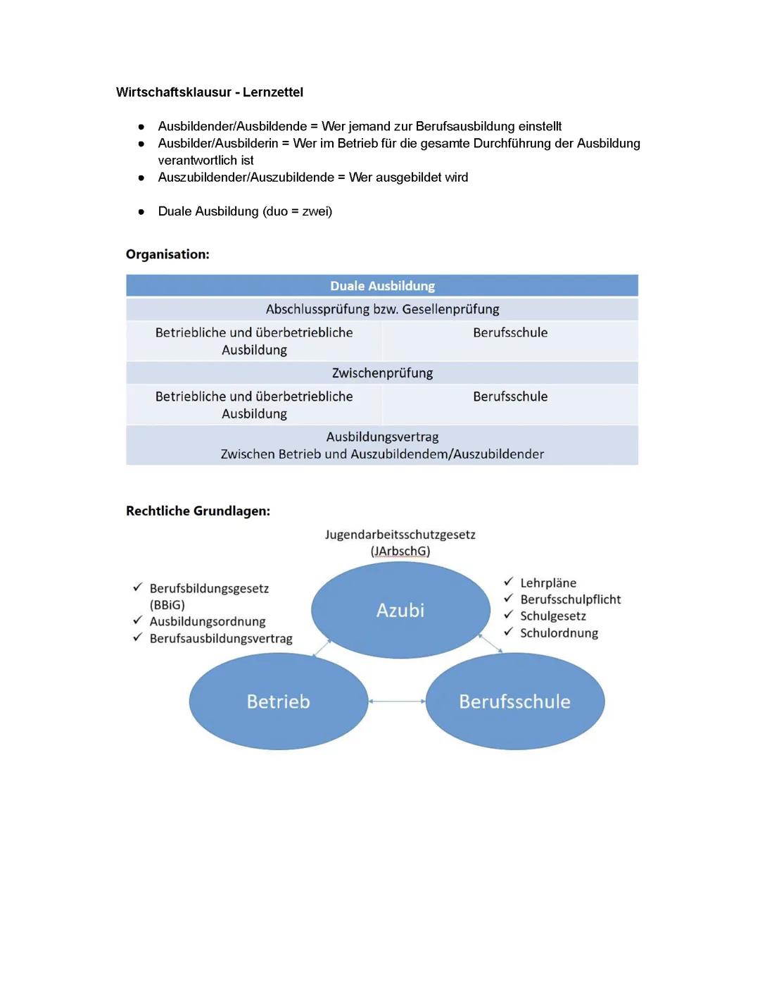 Wirtschaft Lernzettel - Rechte und Pflichten eines Azubis, Duale Ausbildung, Kündigung, Ausbildungsvertrag