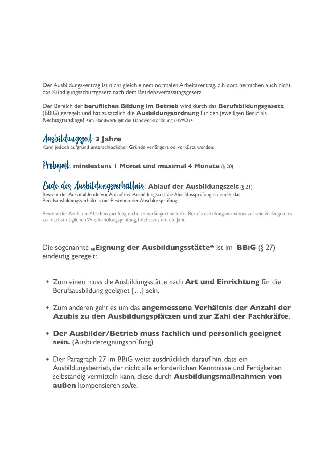 Wirtschaftsklausur - Lernzettel
•
•
•
Ausbildender/Ausbildende = Wer jemand zur Berufsausbildung einstellt
Ausbilder/Ausbilderin = Wer im Be