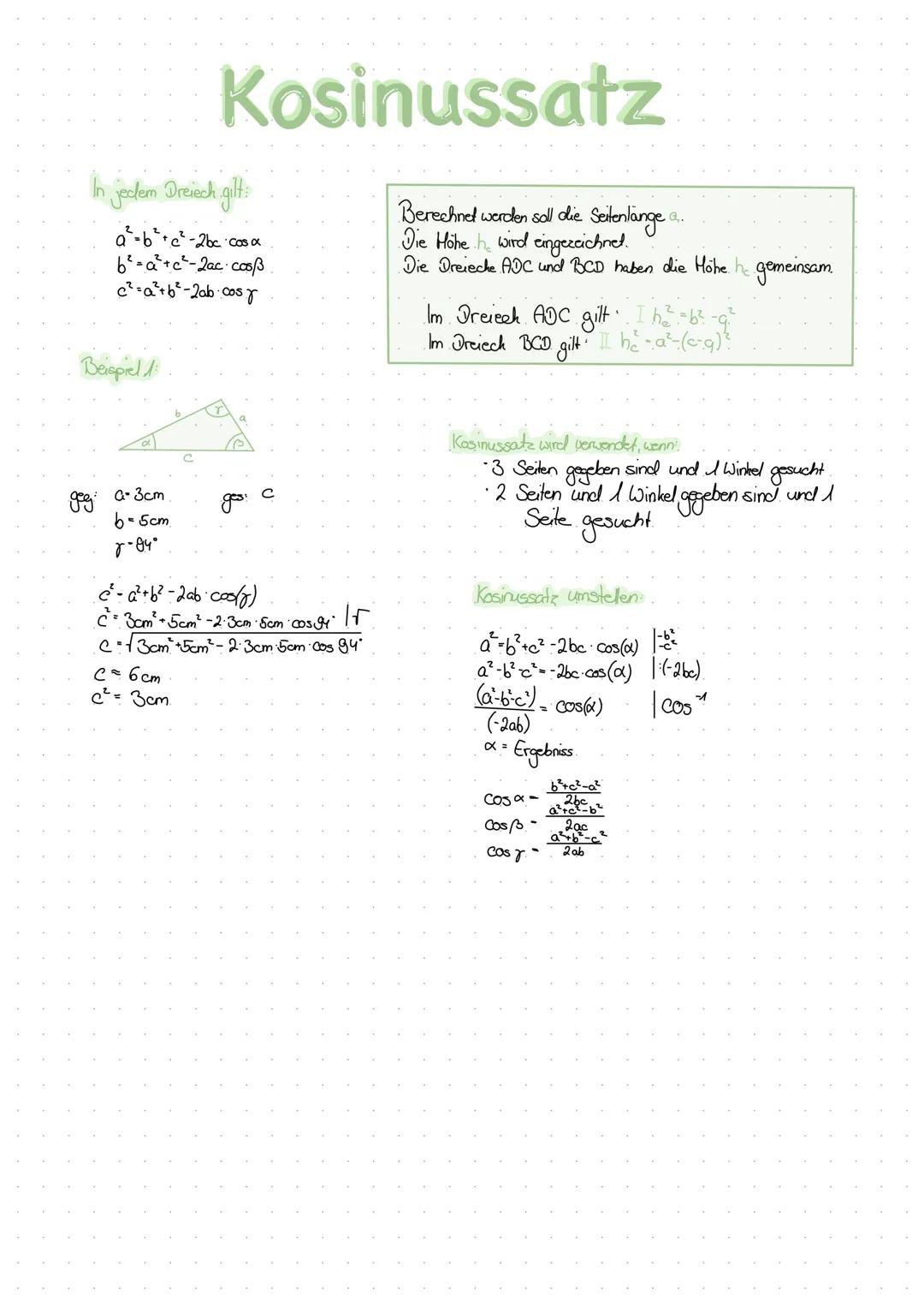 In jedem Dreach gilt:
in
a²=b²c²-2bc cos x
b²=a²+c²-2ac cos/ß
c²=a²+b²-2ab.com.
Beispiel 1.
Kosinussatz
Berechnet werden soll die Seitenlang