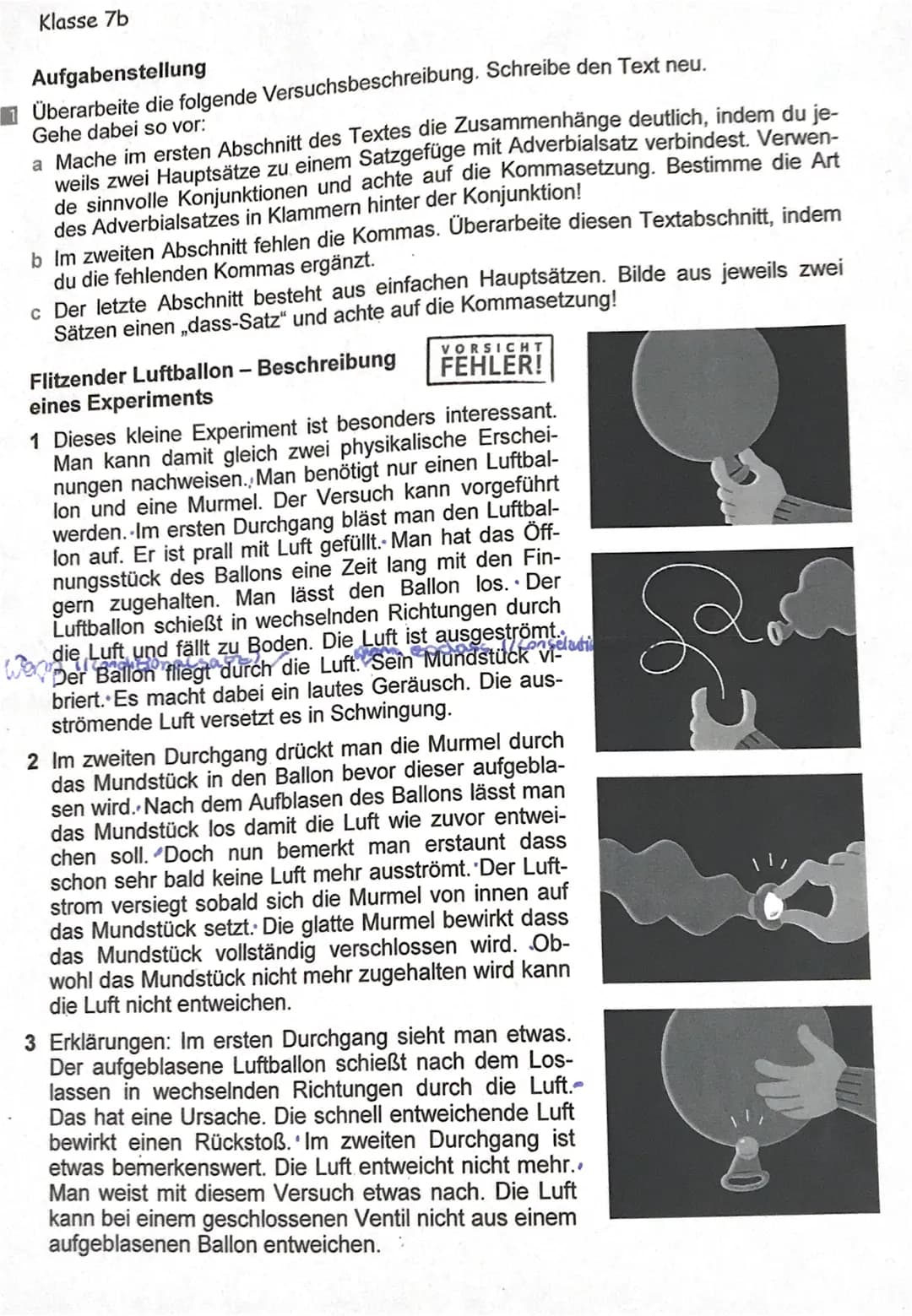 ## 2. Klassenarbeit
### Flitzender Luftballon-Beschreibung eines Experiments.
#### A1
11.11.20
✓
Dieses Izleine Experiment ist besonders int