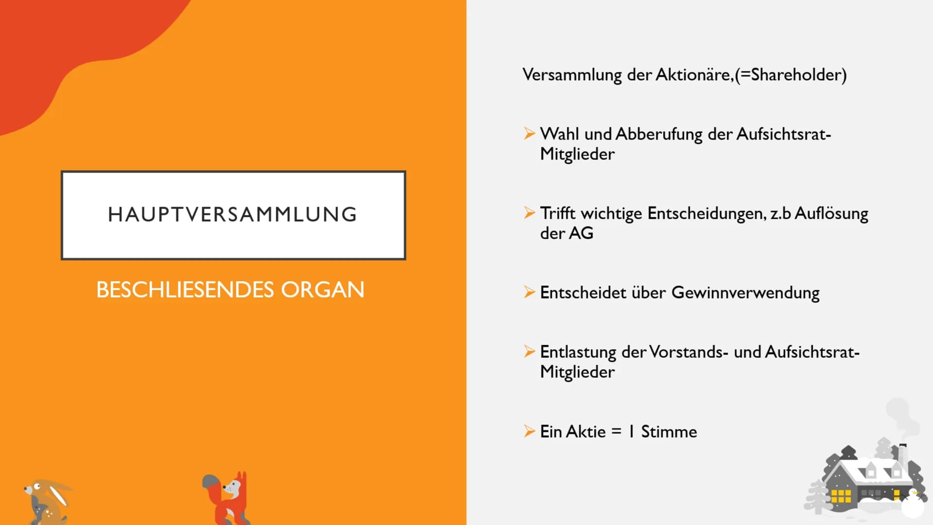 AKTIENGESELLSCHAFT
Teil II
Organe ORGANE DER AG
Vorstand
Aufsichtsrat
Hauptversammlung VORSTAND
LEITENEDS ORGAN
Wird vom Aufsichtrat auf