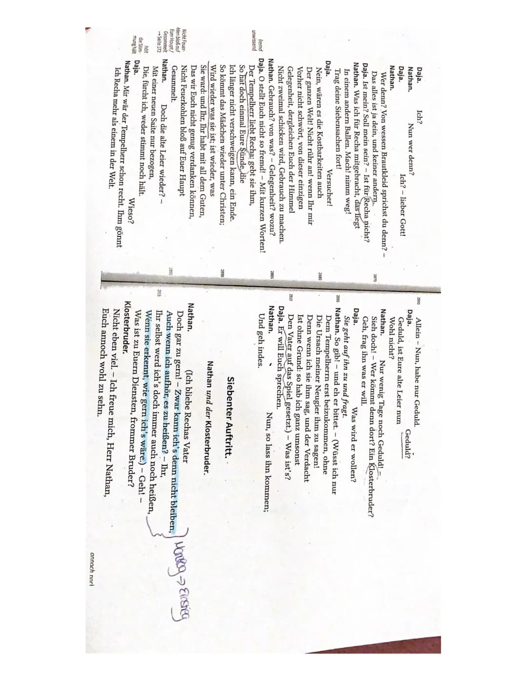 1. Analysieren Sie den Dialog zwischen Nathan und dem Klosterbruder im Auftritt
IV,7 (V. 2912-V. 3125) unter besonderer Berücksichtigung der
