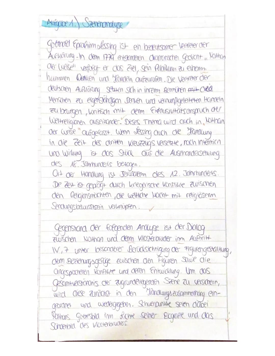 1. Analysieren Sie den Dialog zwischen Nathan und dem Klosterbruder im Auftritt
IV,7 (V. 2912-V. 3125) unter besonderer Berücksichtigung der
