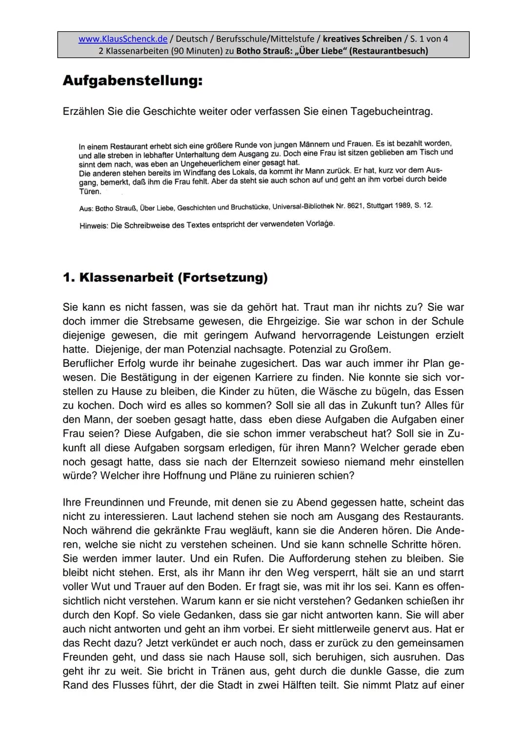 www.KlausSchenck.de / Deutsch / Berufsschule/Mittelstufe / kreatives Schreiben / S. 1 von 4
2 Klassenarbeiten (90 Minuten) zu Botho Strauß: