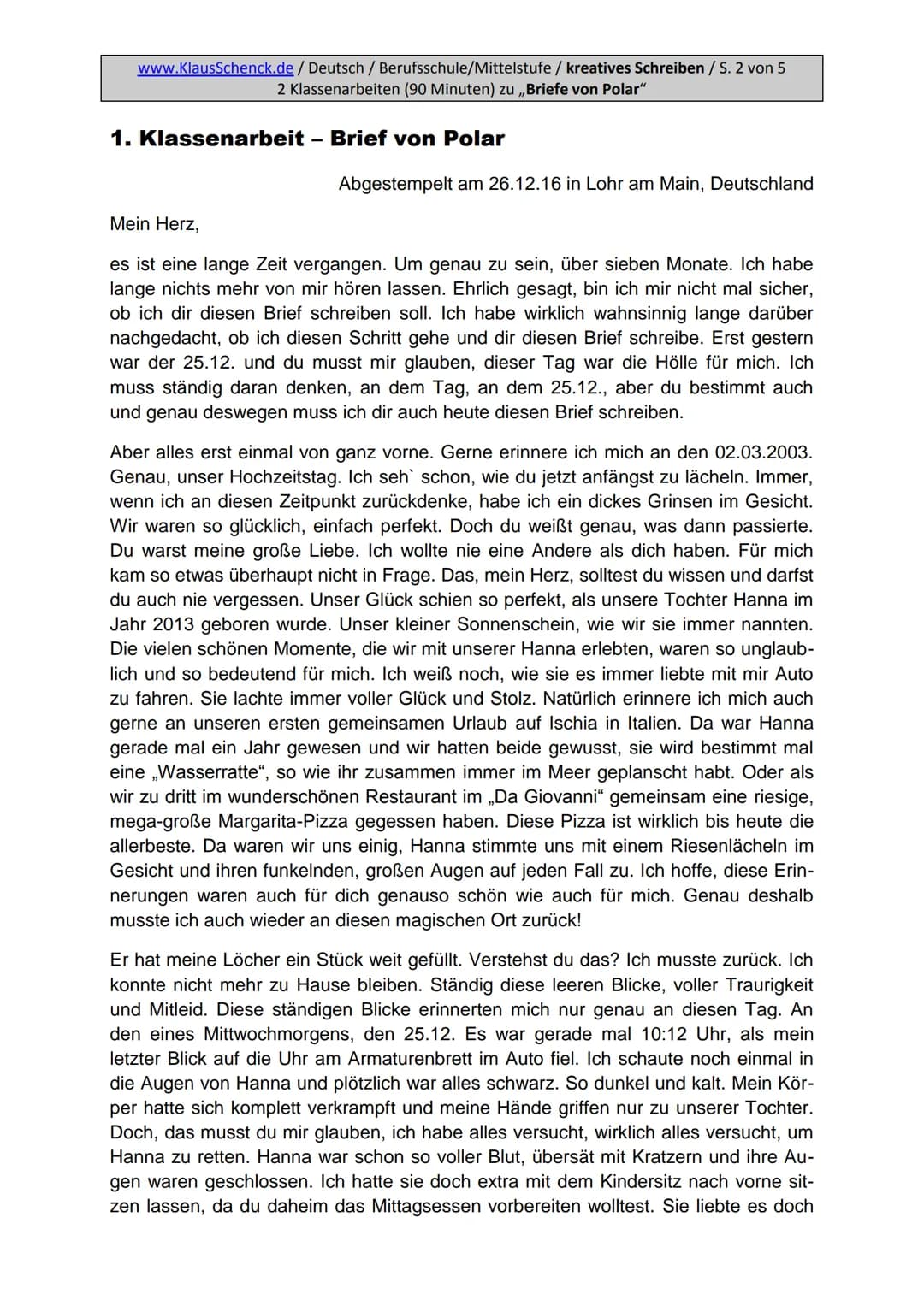 www.KlausSchenck.de / Deutsch / Berufsschule/Mittelstufe / kreatives Schreiben / S. 1 von 4
2 Klassenarbeiten (90 Minuten) zu Botho Strauß: