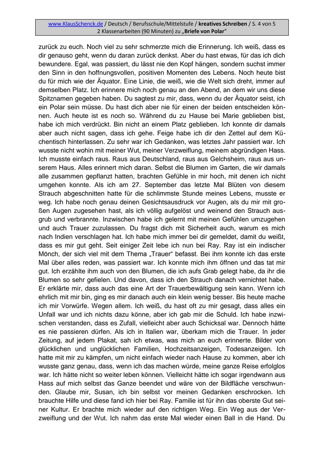 www.KlausSchenck.de / Deutsch / Berufsschule/Mittelstufe / kreatives Schreiben / S. 1 von 4
2 Klassenarbeiten (90 Minuten) zu Botho Strauß: