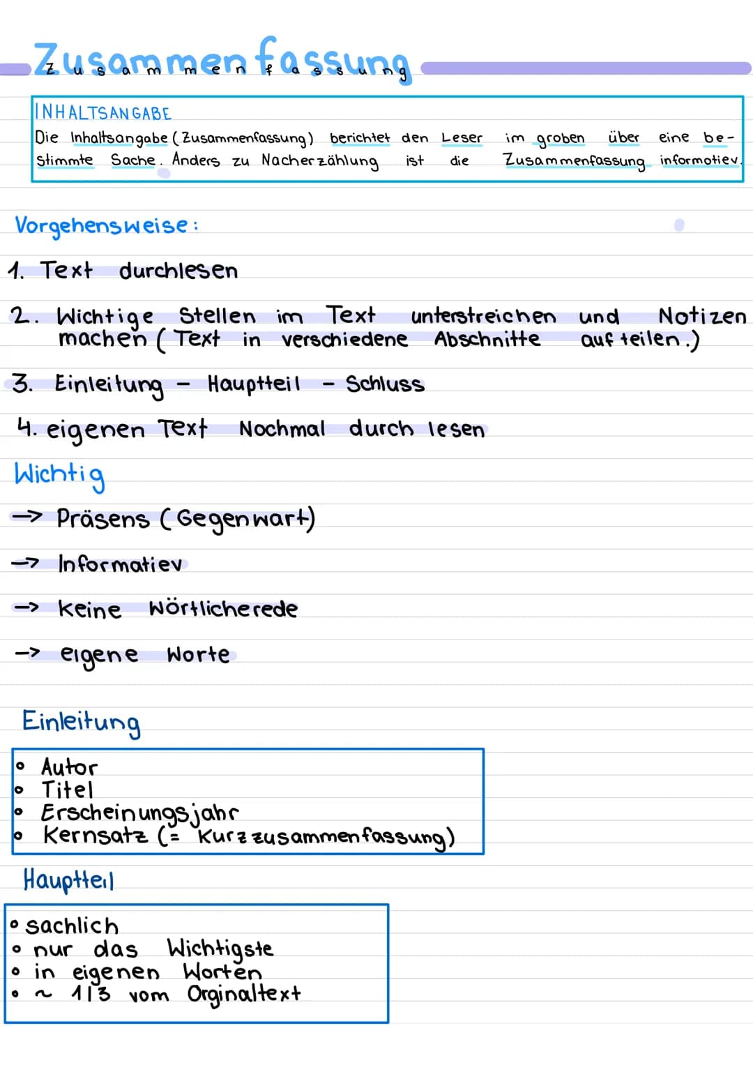 # Zusammenfassung
## INHALTSANGABE
Die Inhaltsangabe (Zusammenfassung) berichtet den Leser im groben über eine bestimmte Sache. Anders zu Na