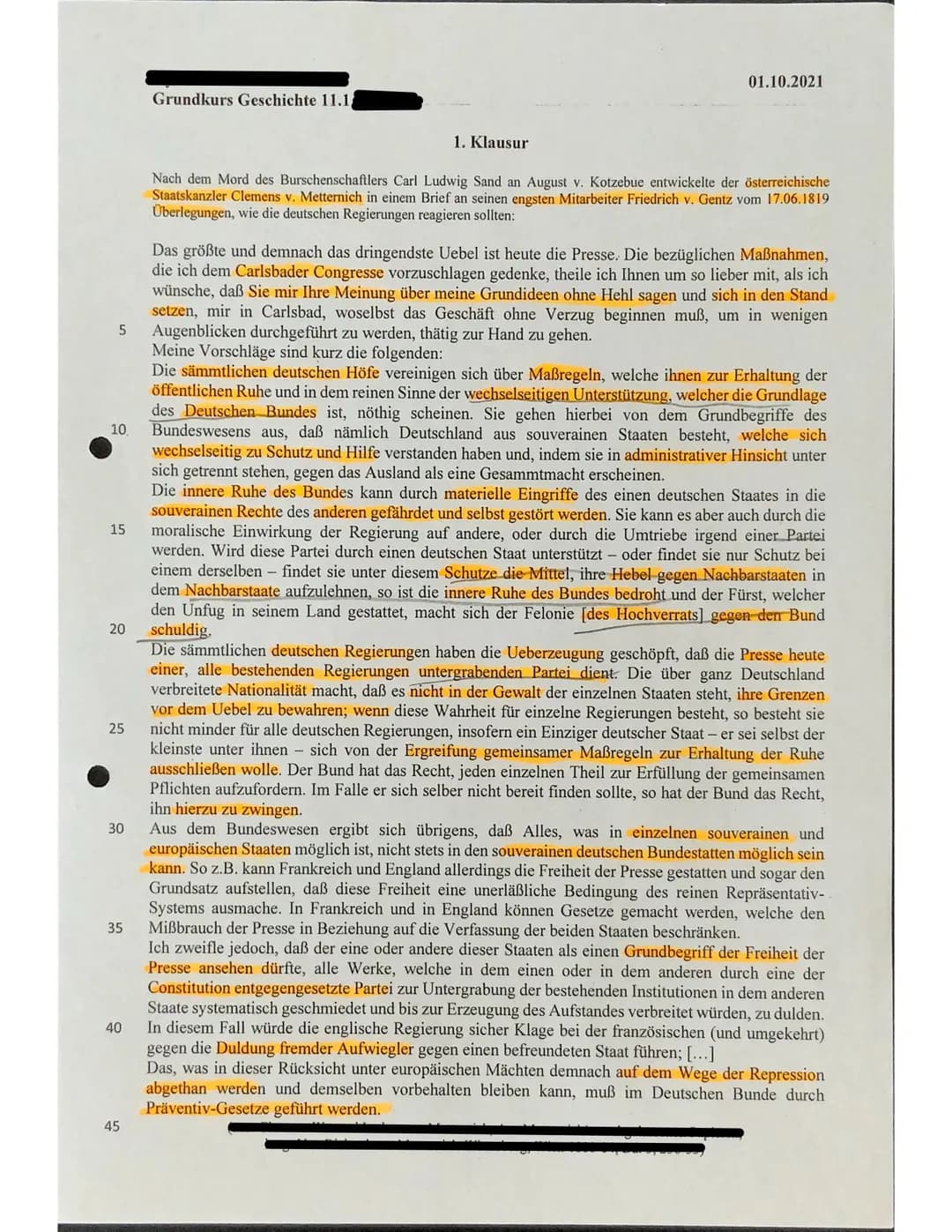 Grundkurs Geschichte 11.1.
01.10.2021
1. Klausur
Nach dem Mord des Burschenschaftlers Carl Ludwig Sand an August v. Kotzebue entwickelte d