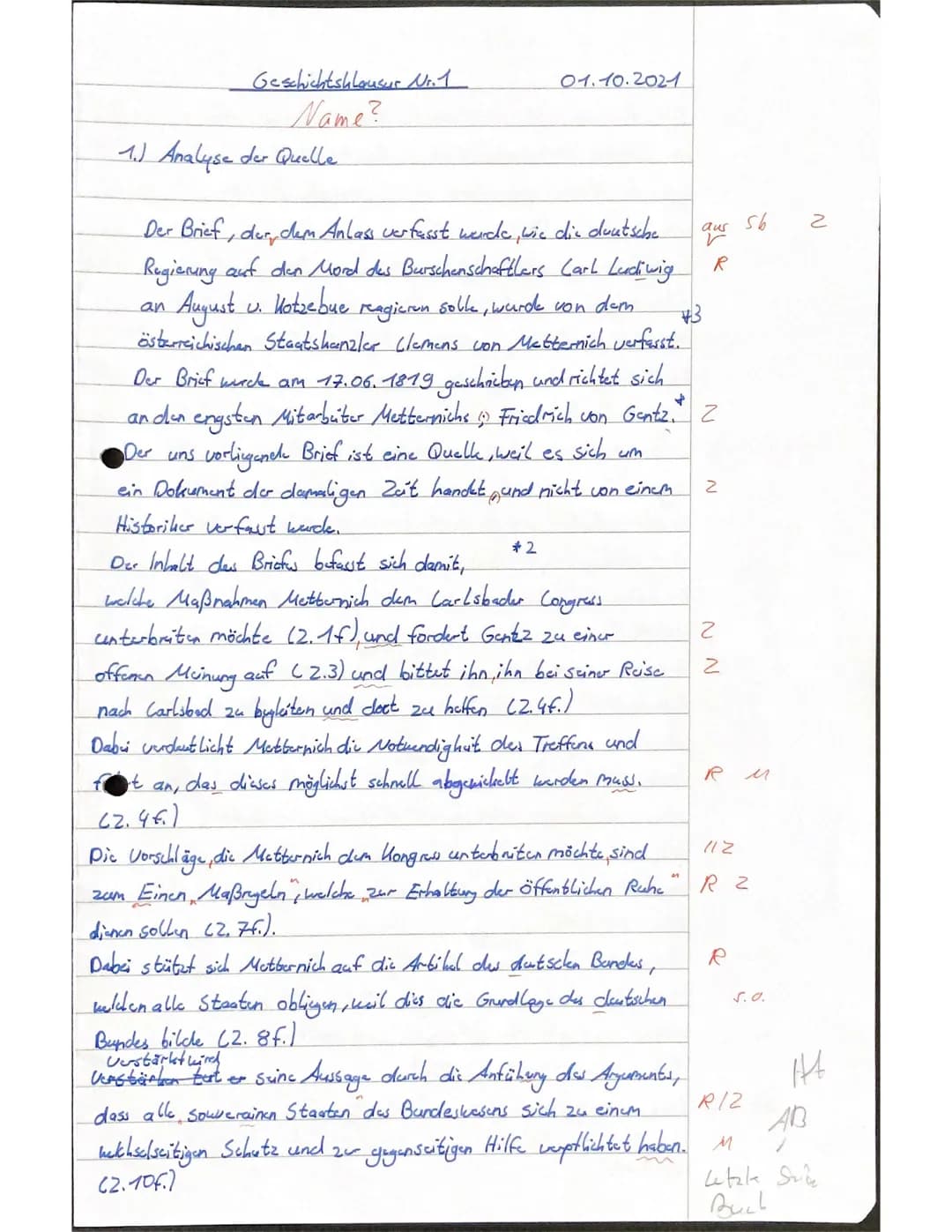 Grundkurs Geschichte 11.1.
01.10.2021
1. Klausur
Nach dem Mord des Burschenschaftlers Carl Ludwig Sand an August v. Kotzebue entwickelte d