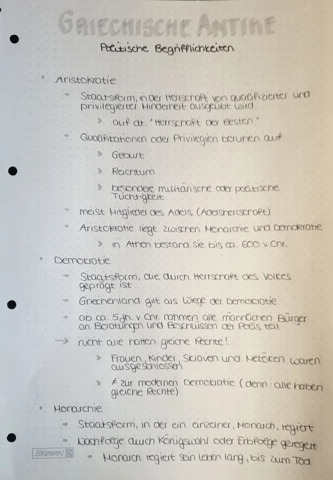 # GRIECHISCHE ANTIKE
## Politische Begrifflichkeiten
- Aristokratie
- Staatsform, in der Herrschaft von qualifizierter und privilegierter
