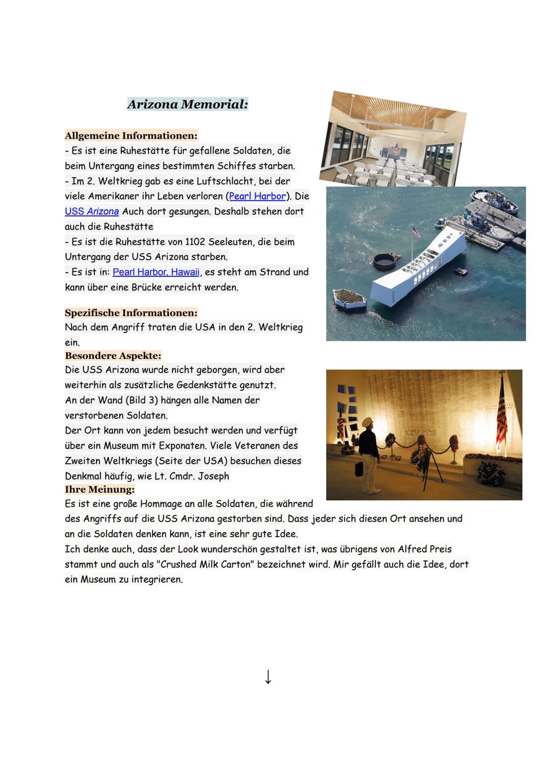## Arizona Memorial:
### Allgemeine Informationen:
- Es ist eine Ruhestätte für gefallene Soldaten, die
beim Untergang eines bestimmten Sc