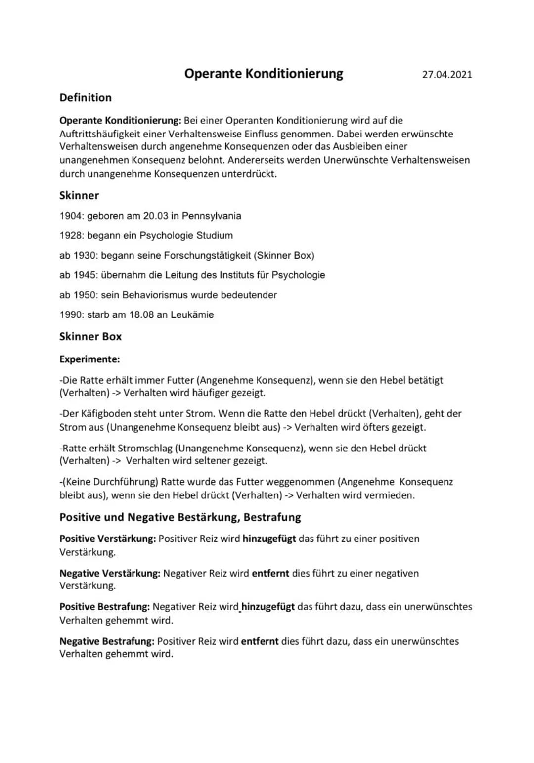 # Operante Konditionierung
27.04.2021
## Definition
Operante Konditionierung: Bei einer Operanten Konditionierung wird auf die Auftrittshäu